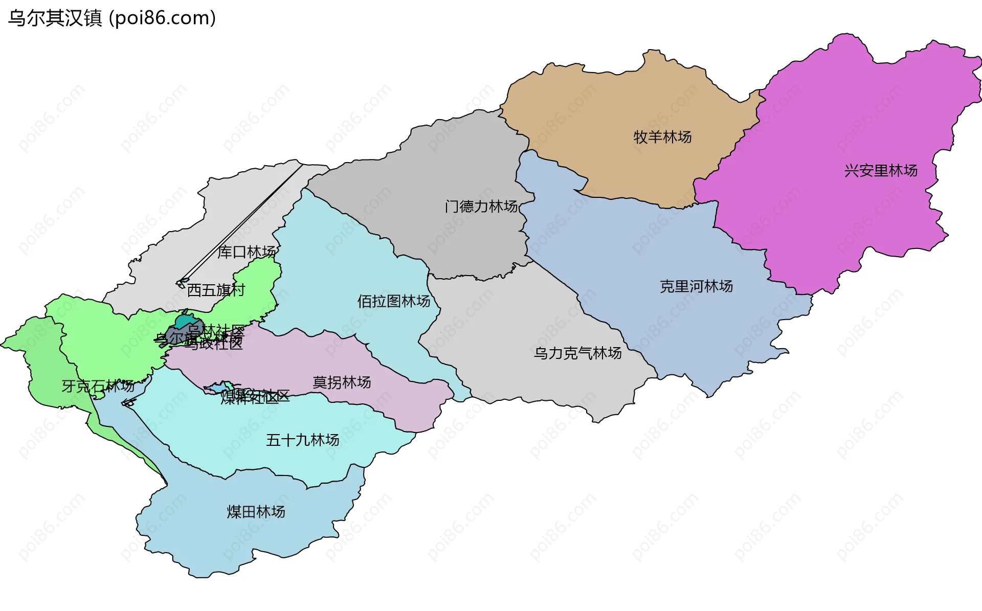 乌尔其汉镇边界地图(五级行政区划)