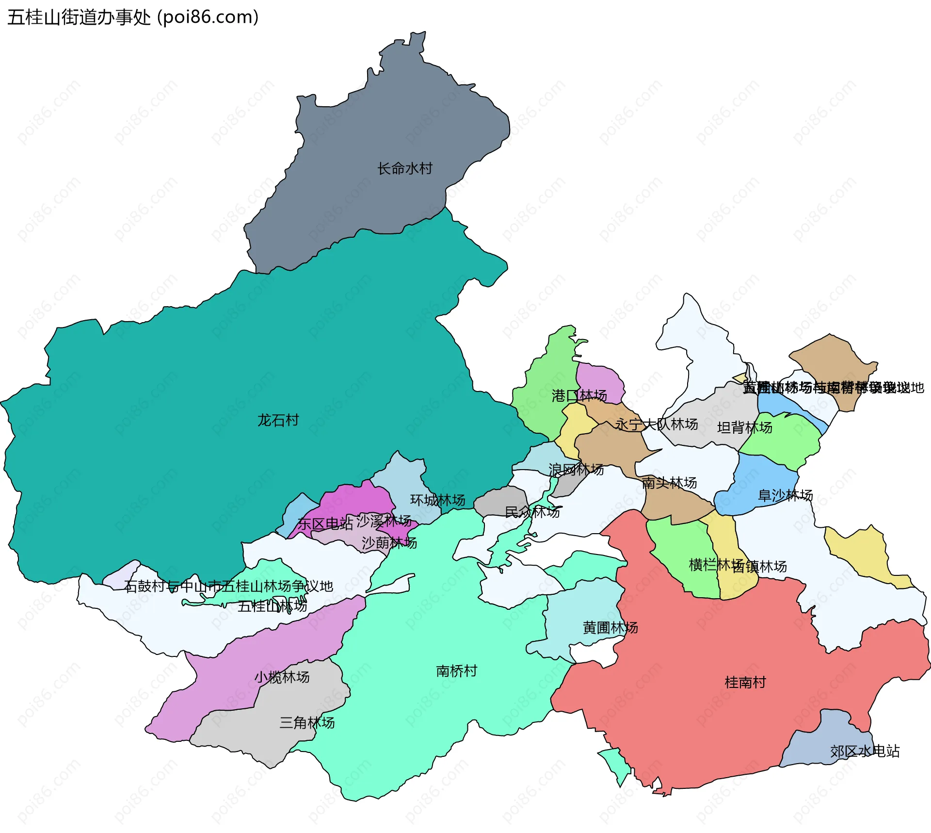 五桂山街道办事处边界地图(五级行政区划)