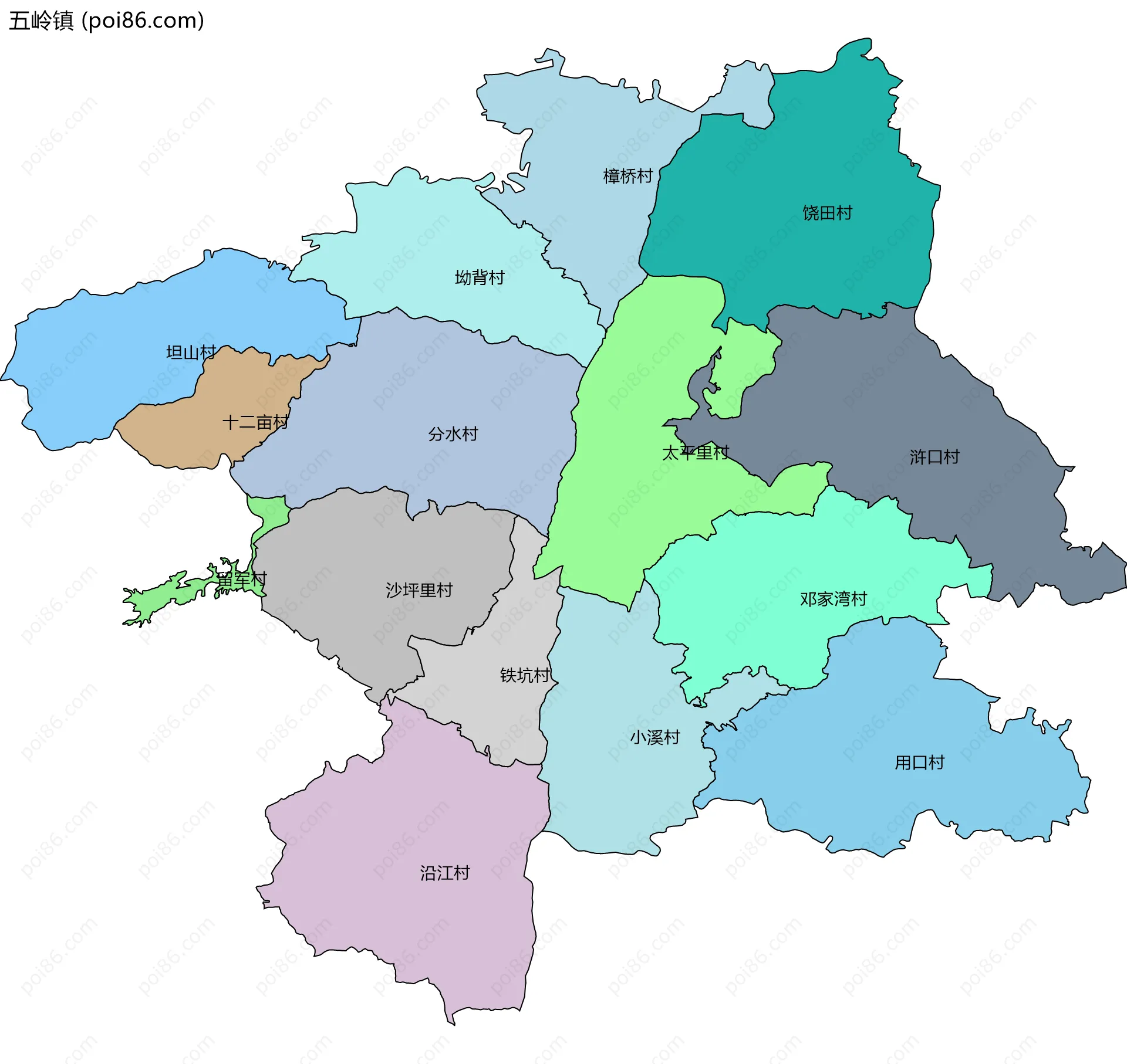 五岭镇边界地图(五级行政区划)