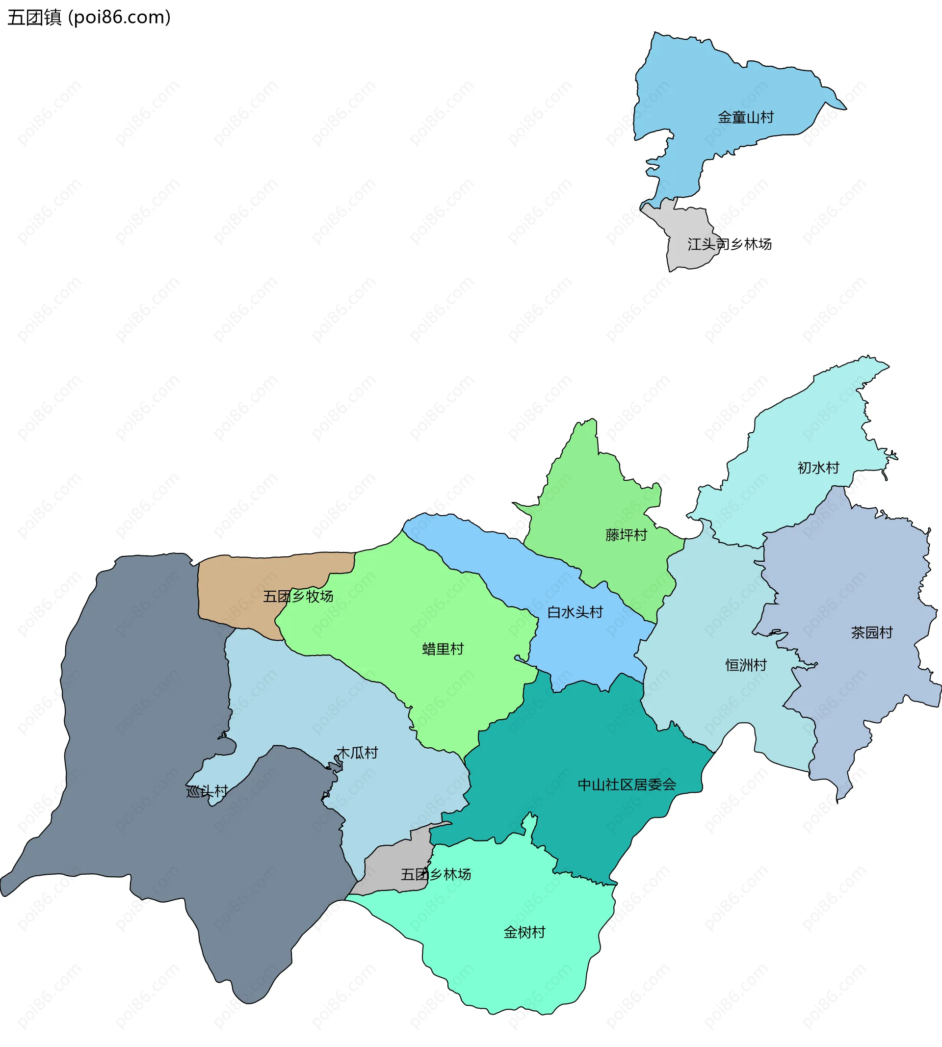 五团镇边界地图(五级行政区划)