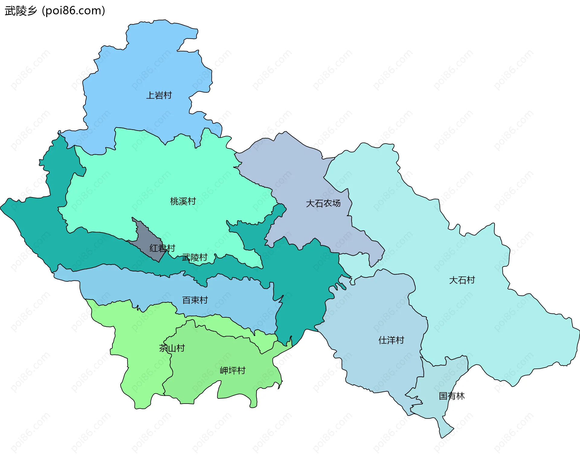 武陵乡边界地图(五级行政区划)