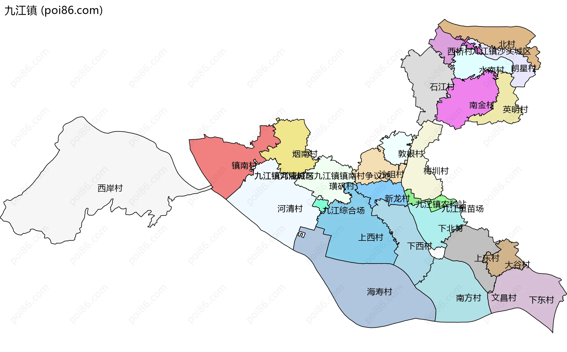 九江镇边界地图(五级行政区划)