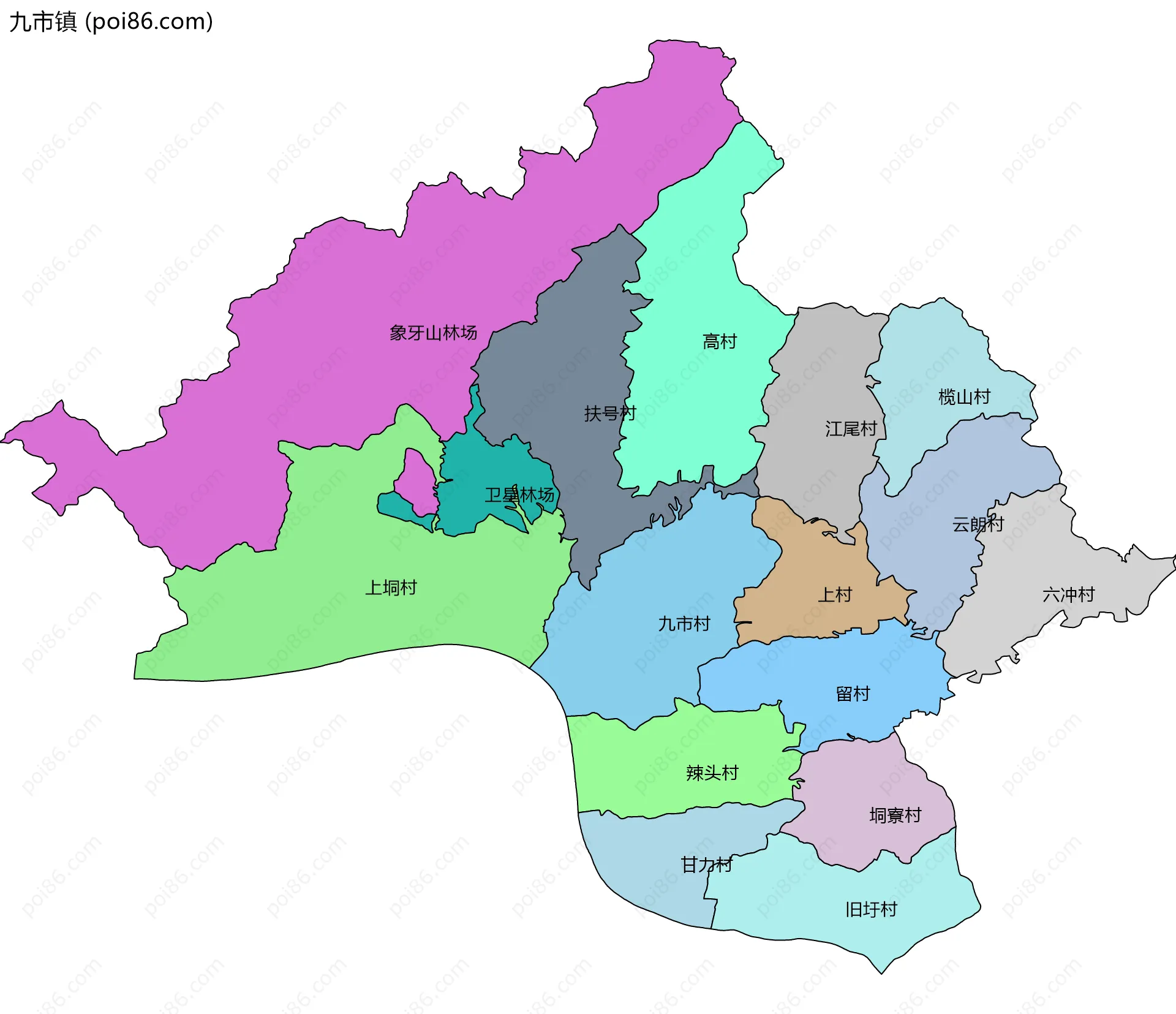 九市镇边界地图(五级行政区划)