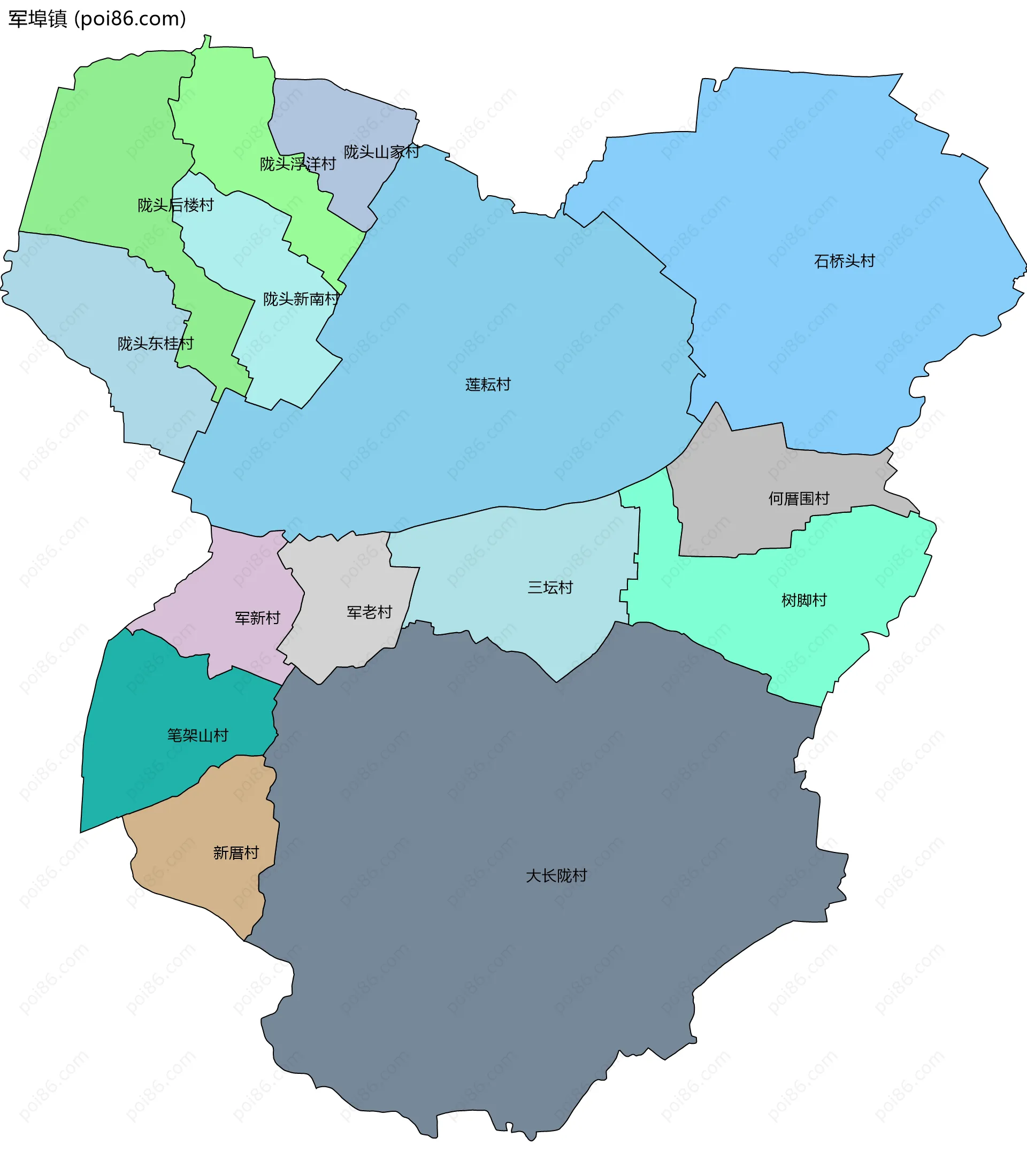 军埠镇边界地图(五级行政区划)