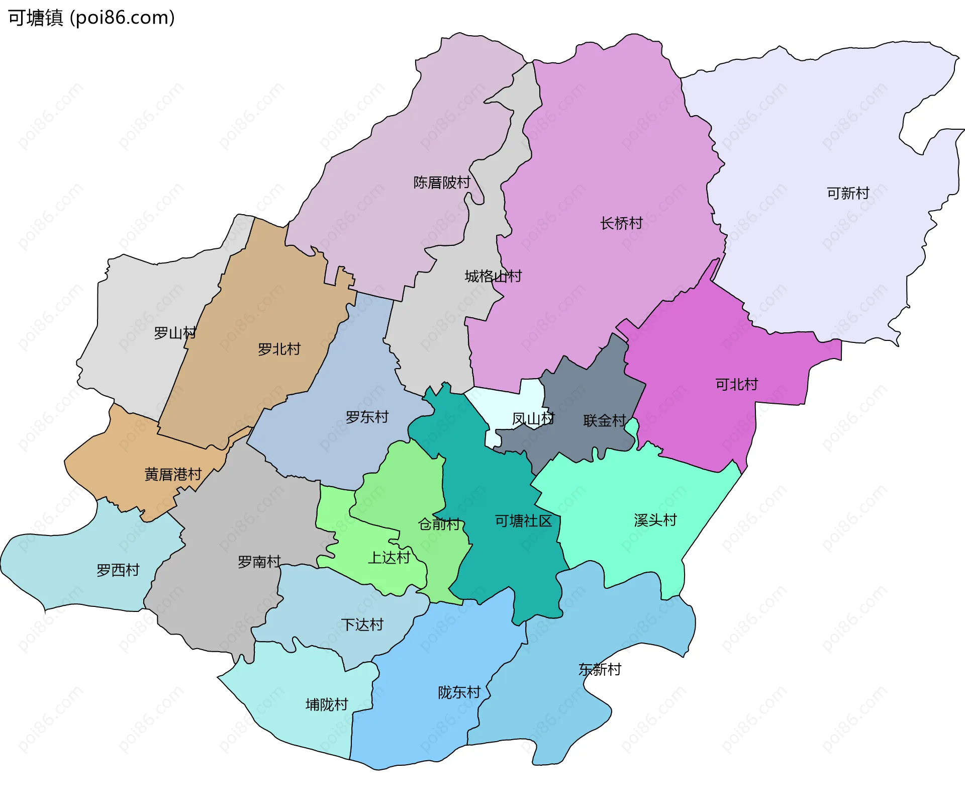 可塘镇边界地图(五级行政区划)