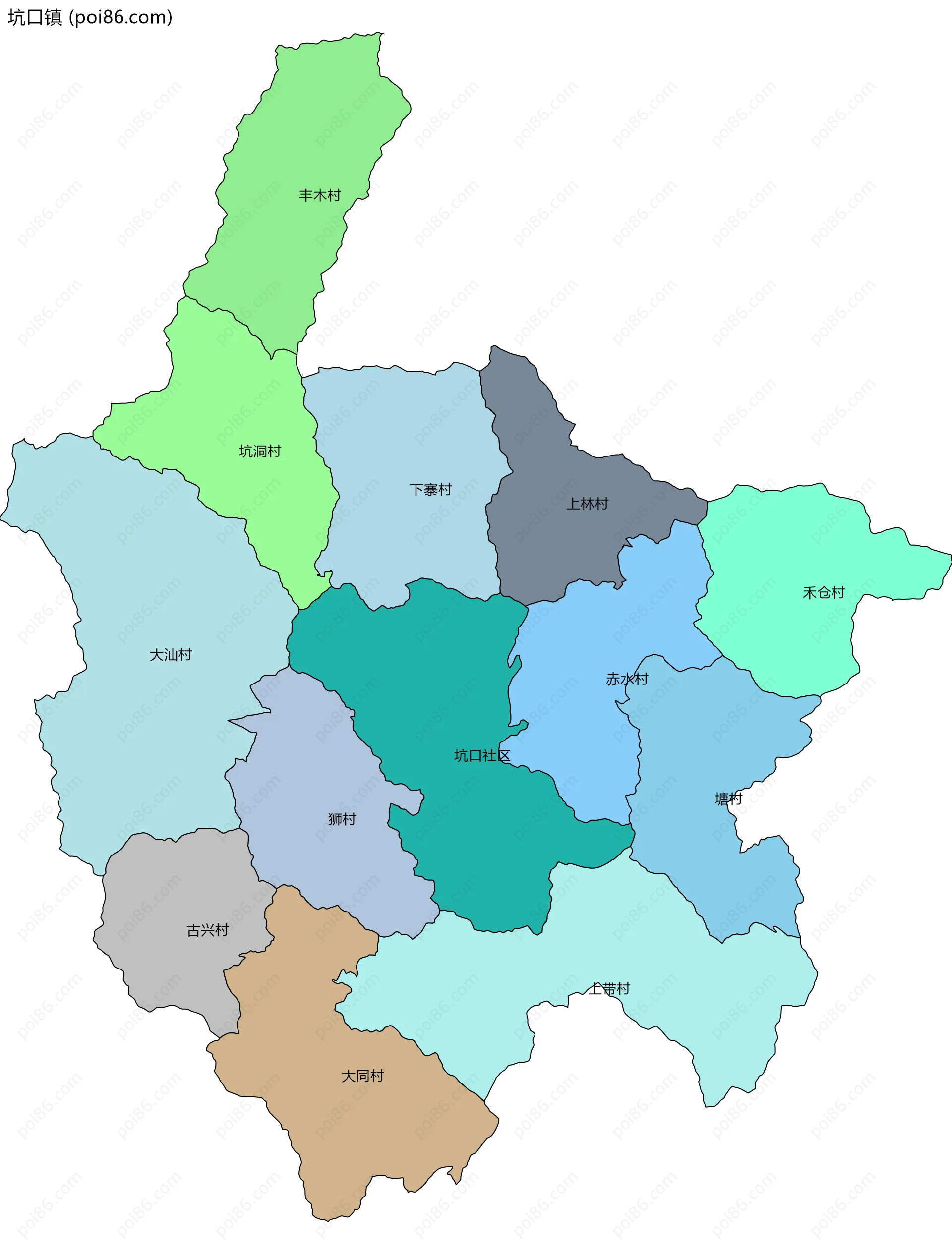 坑口镇边界地图(五级行政区划)