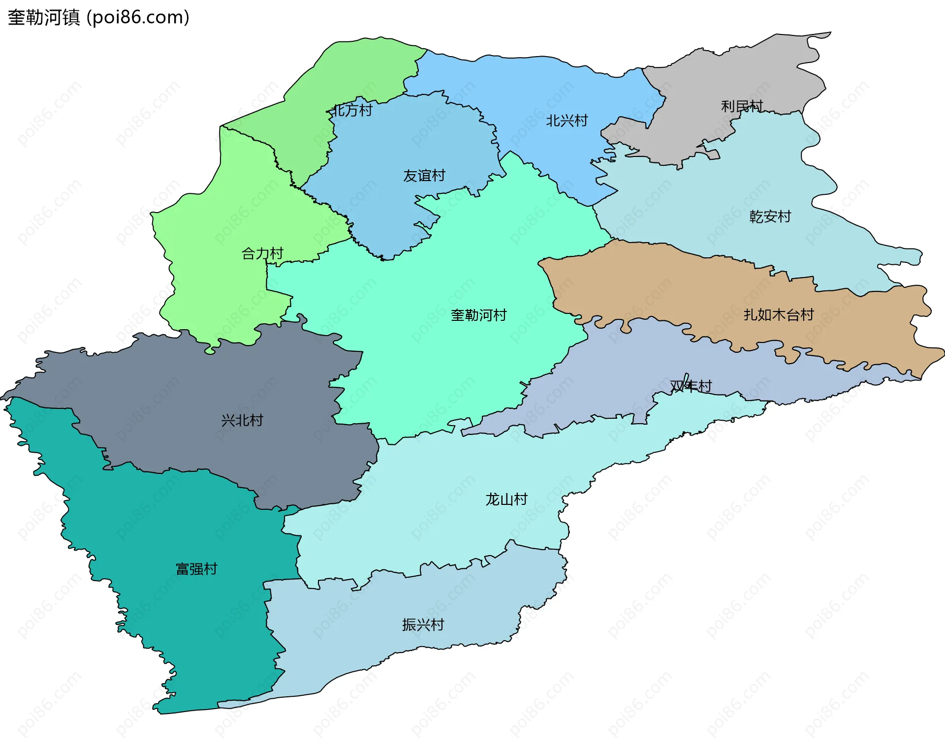 奎勒河镇边界地图(五级行政区划)