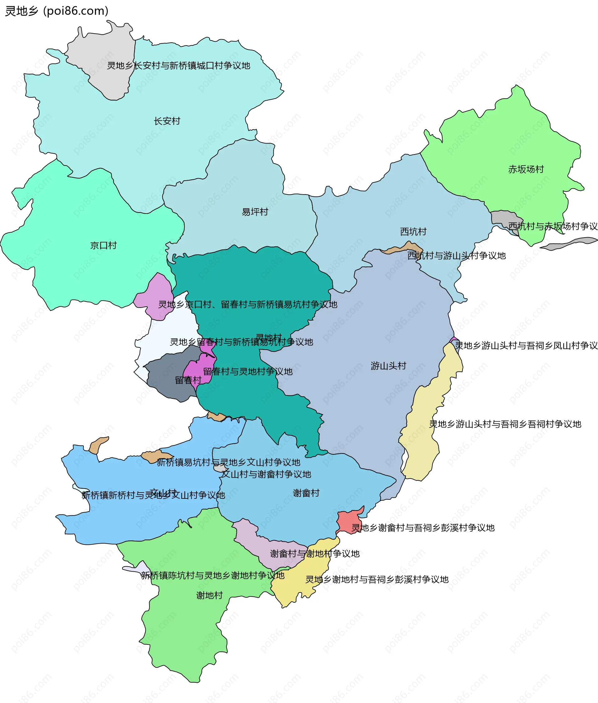 灵地乡边界地图(五级行政区划)
