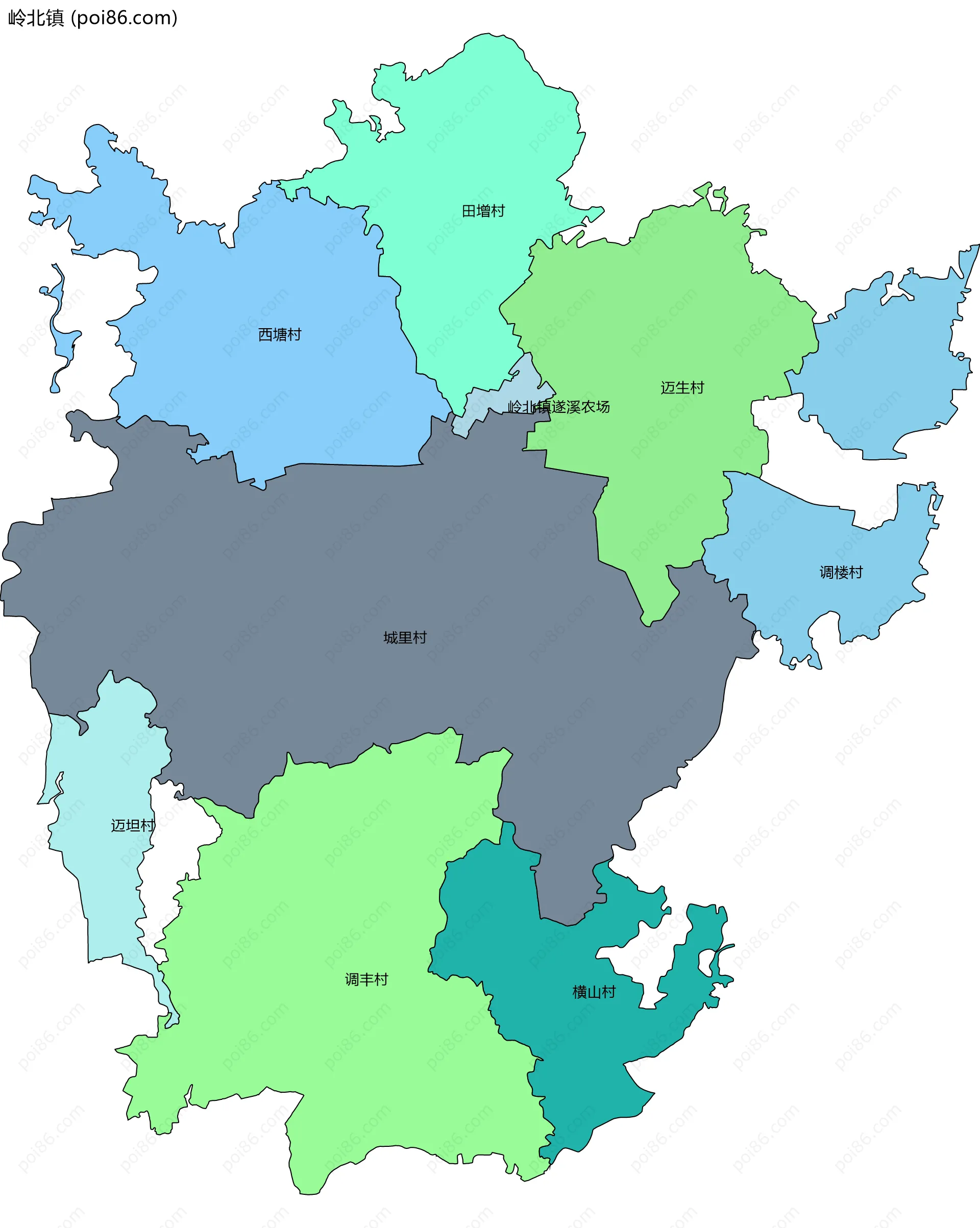 岭北镇边界地图(五级行政区划)
