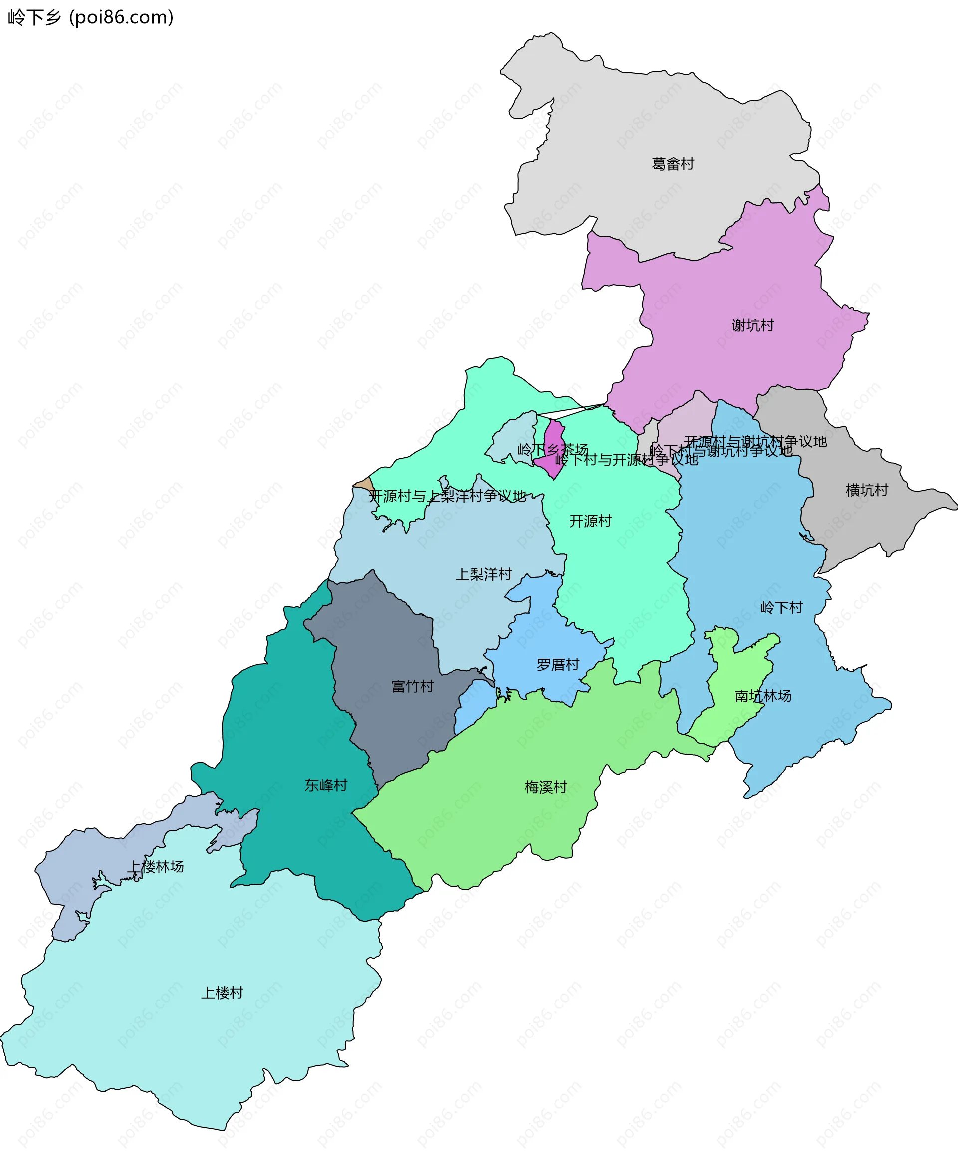 岭下乡边界地图(五级行政区划)