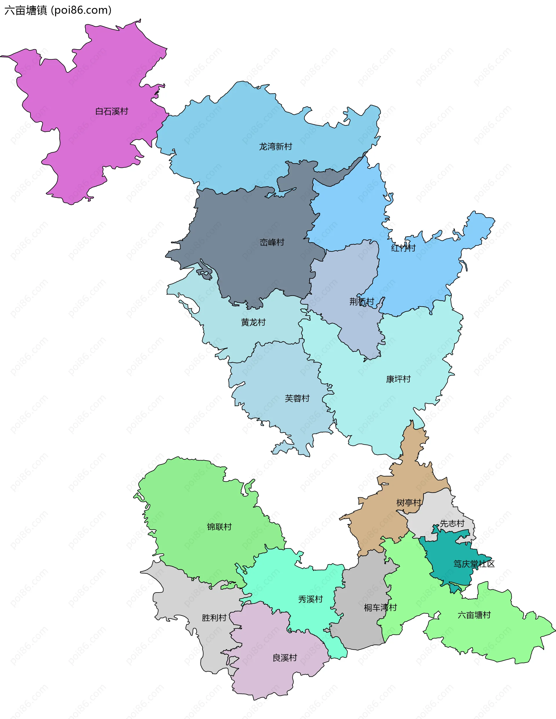 六亩塘镇边界地图(五级行政区划)