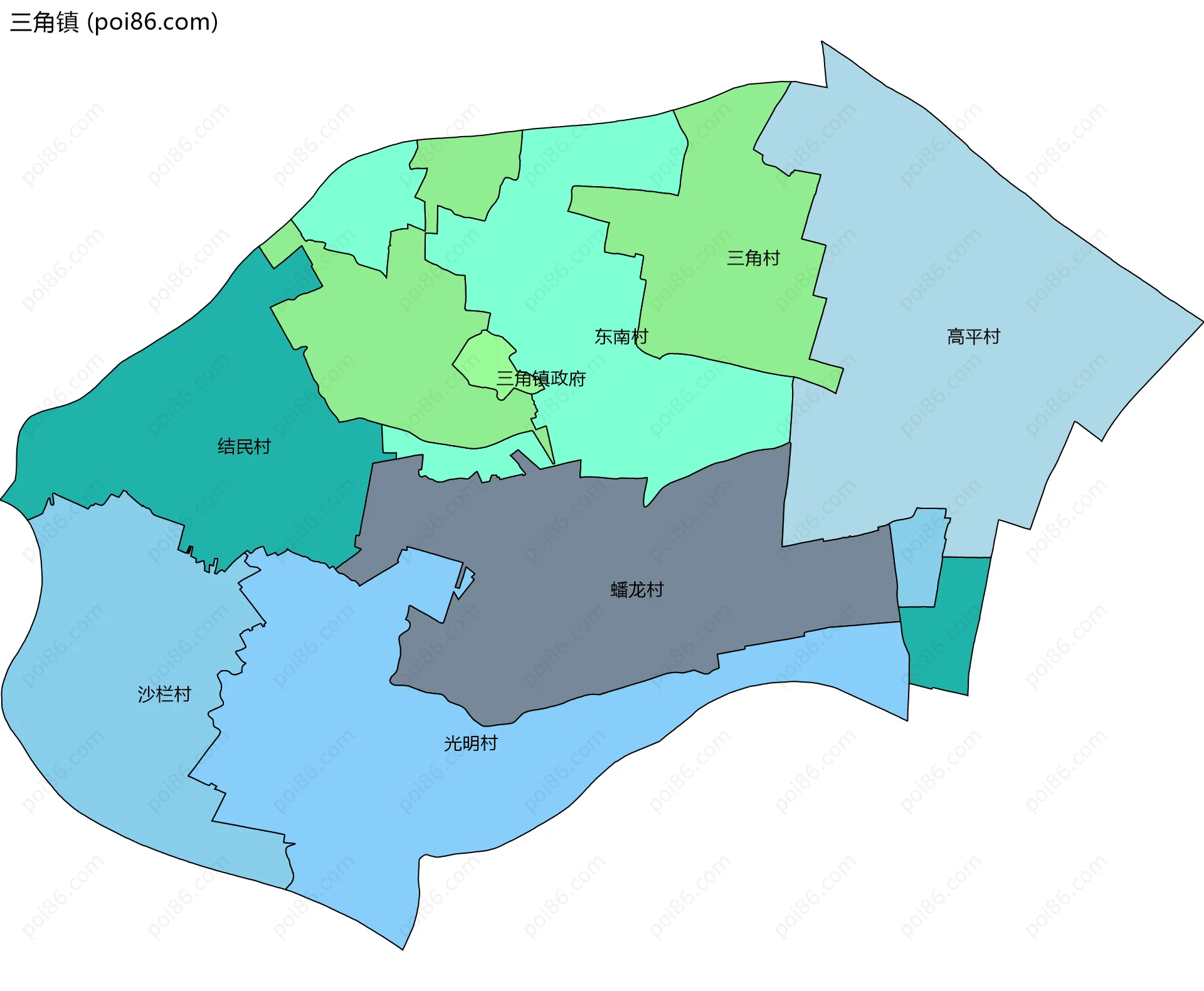 三角镇边界地图(五级行政区划)