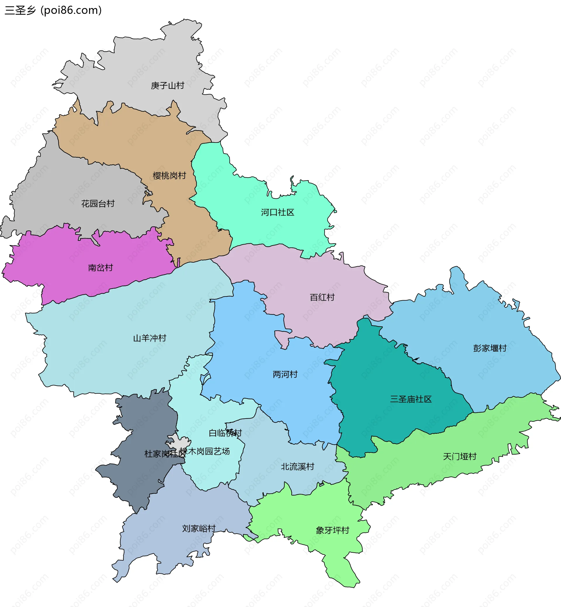 三圣乡边界地图(五级行政区划)