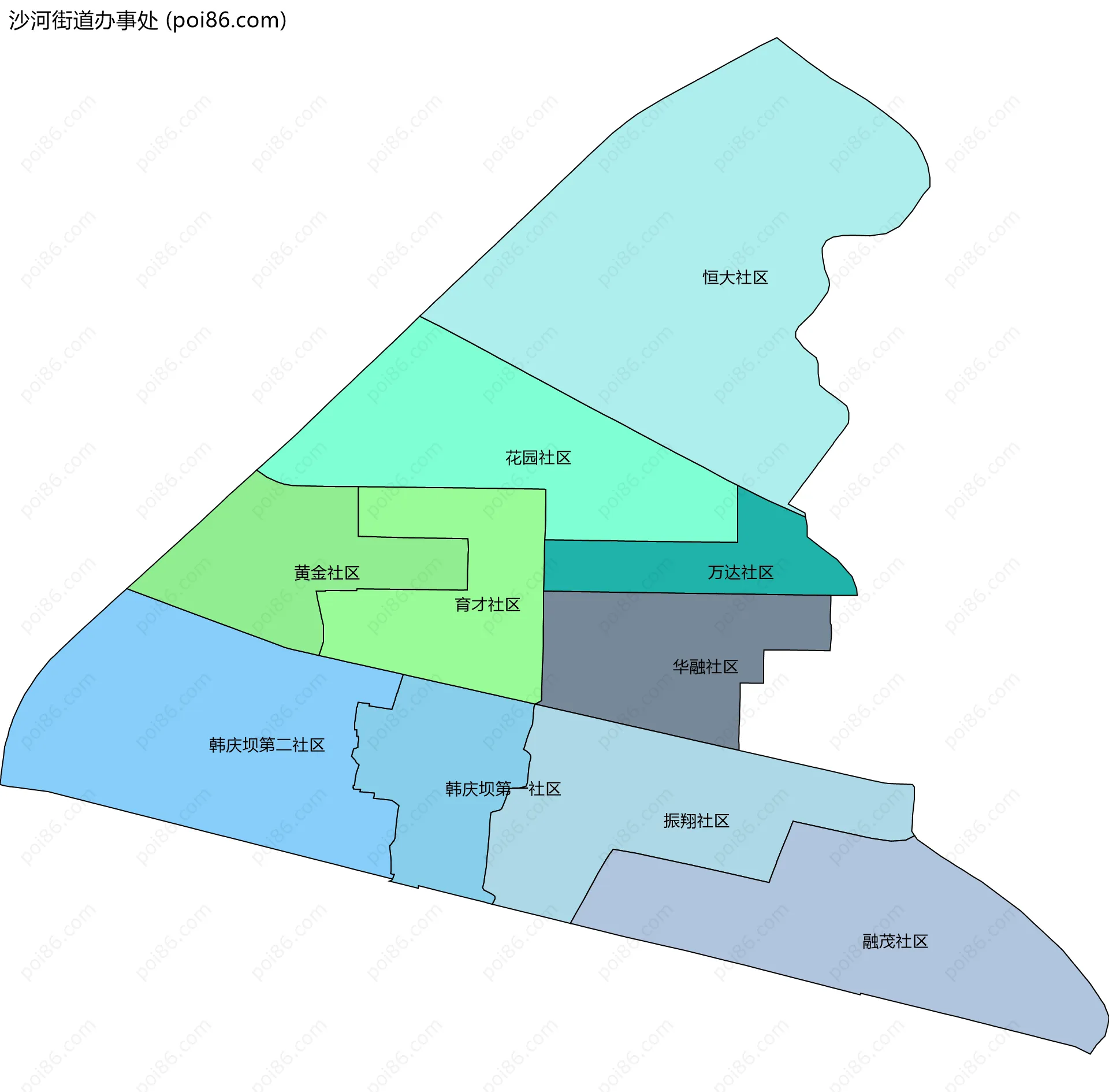 沙河街道办事处边界地图(五级行政区划)
