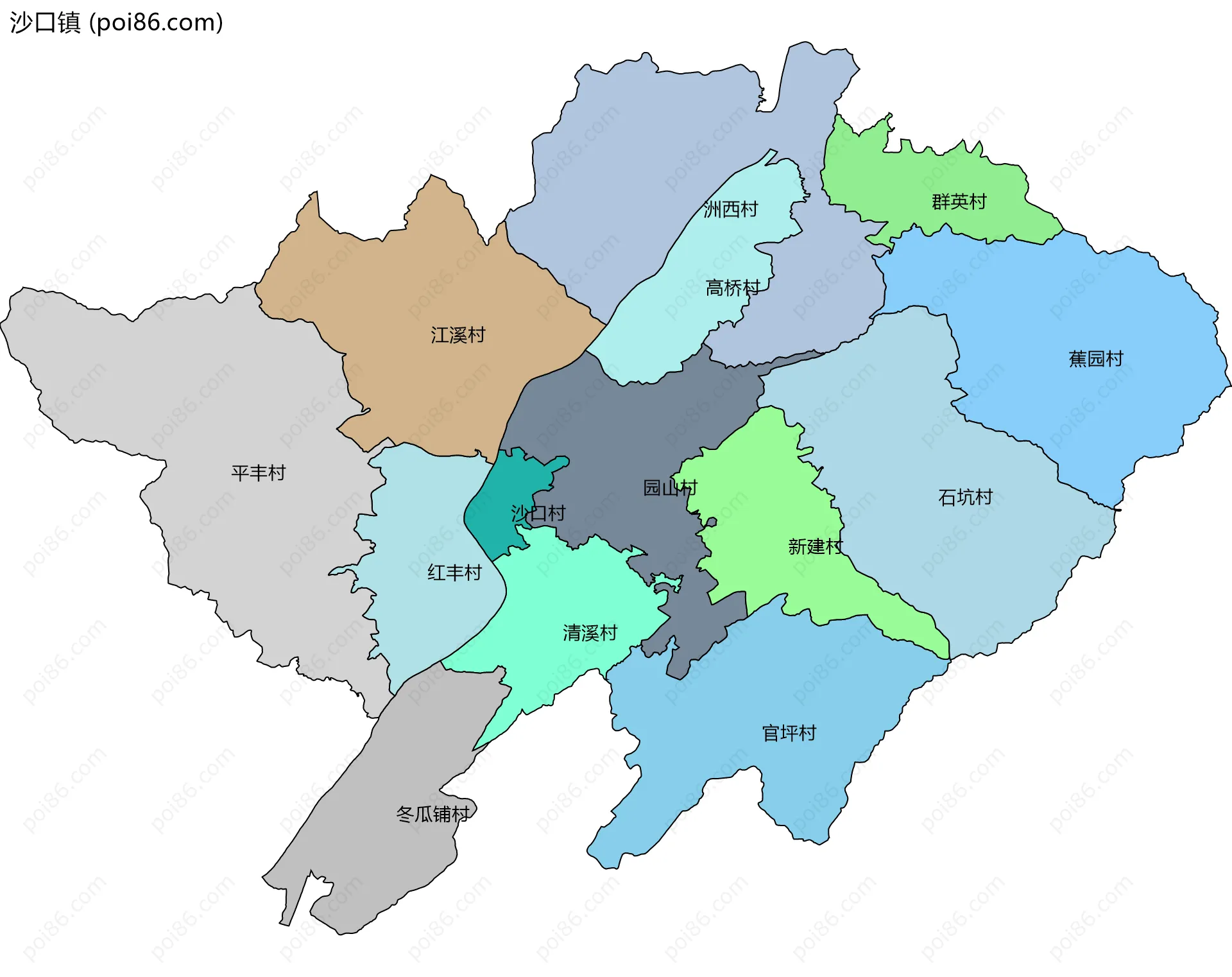 沙口镇边界地图(五级行政区划)