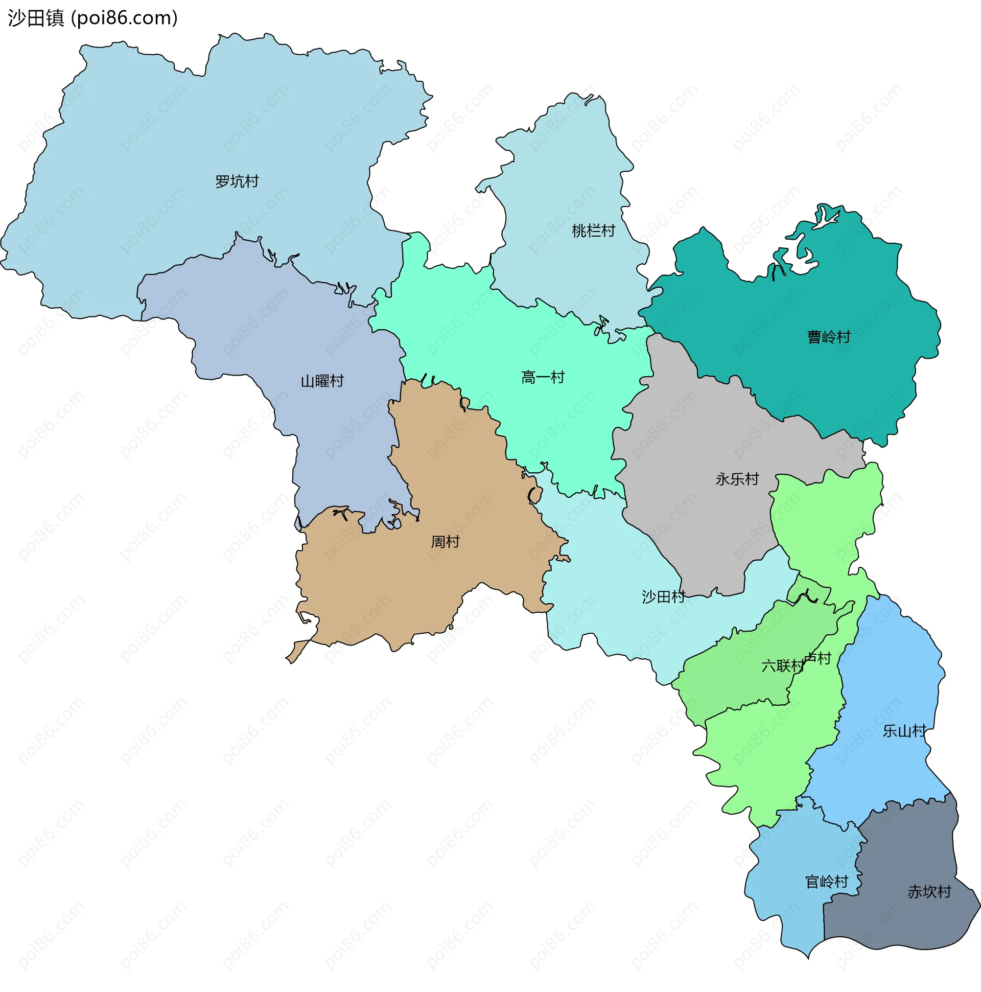 沙田镇边界地图(五级行政区划)