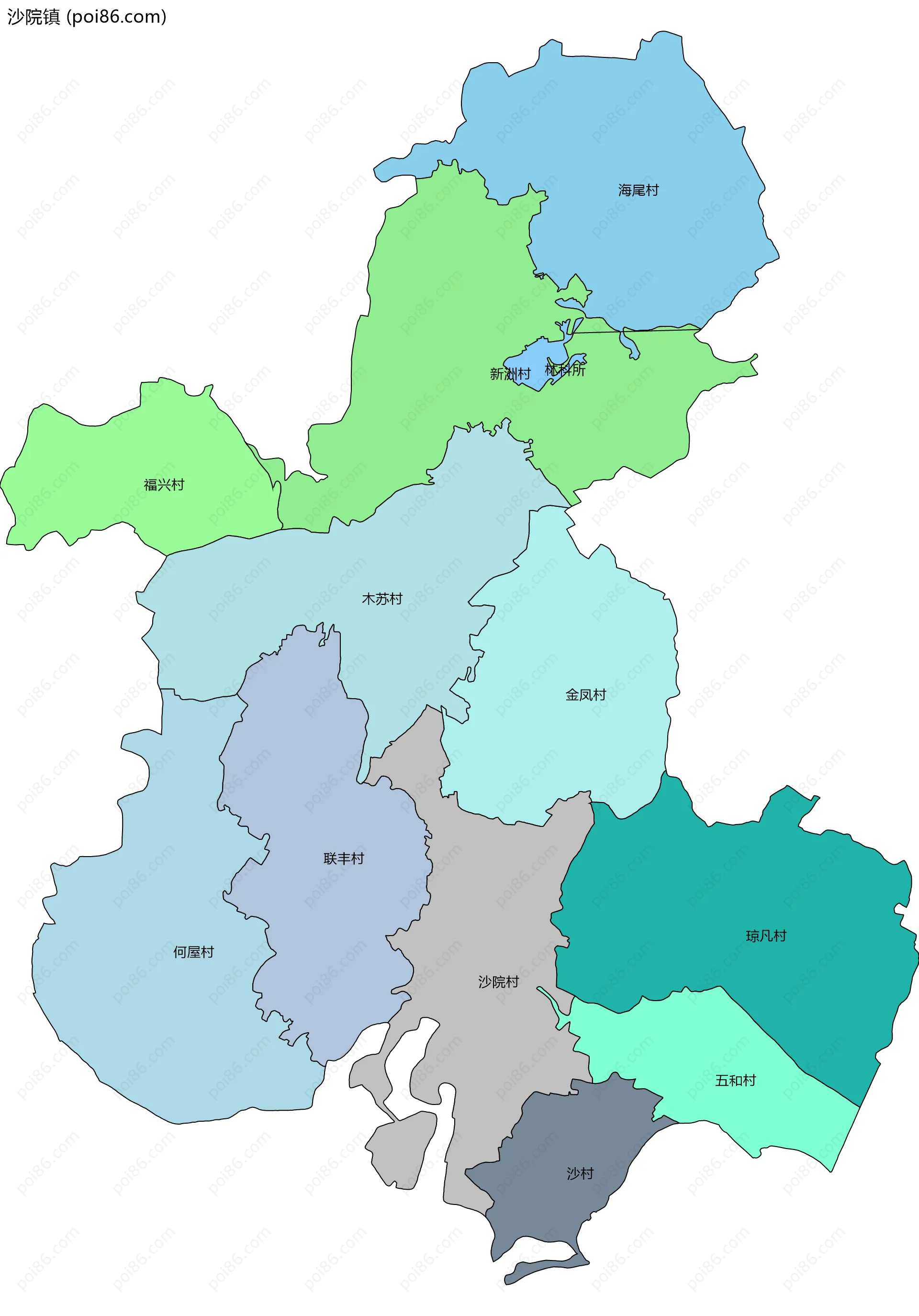 沙院镇边界地图(五级行政区划)