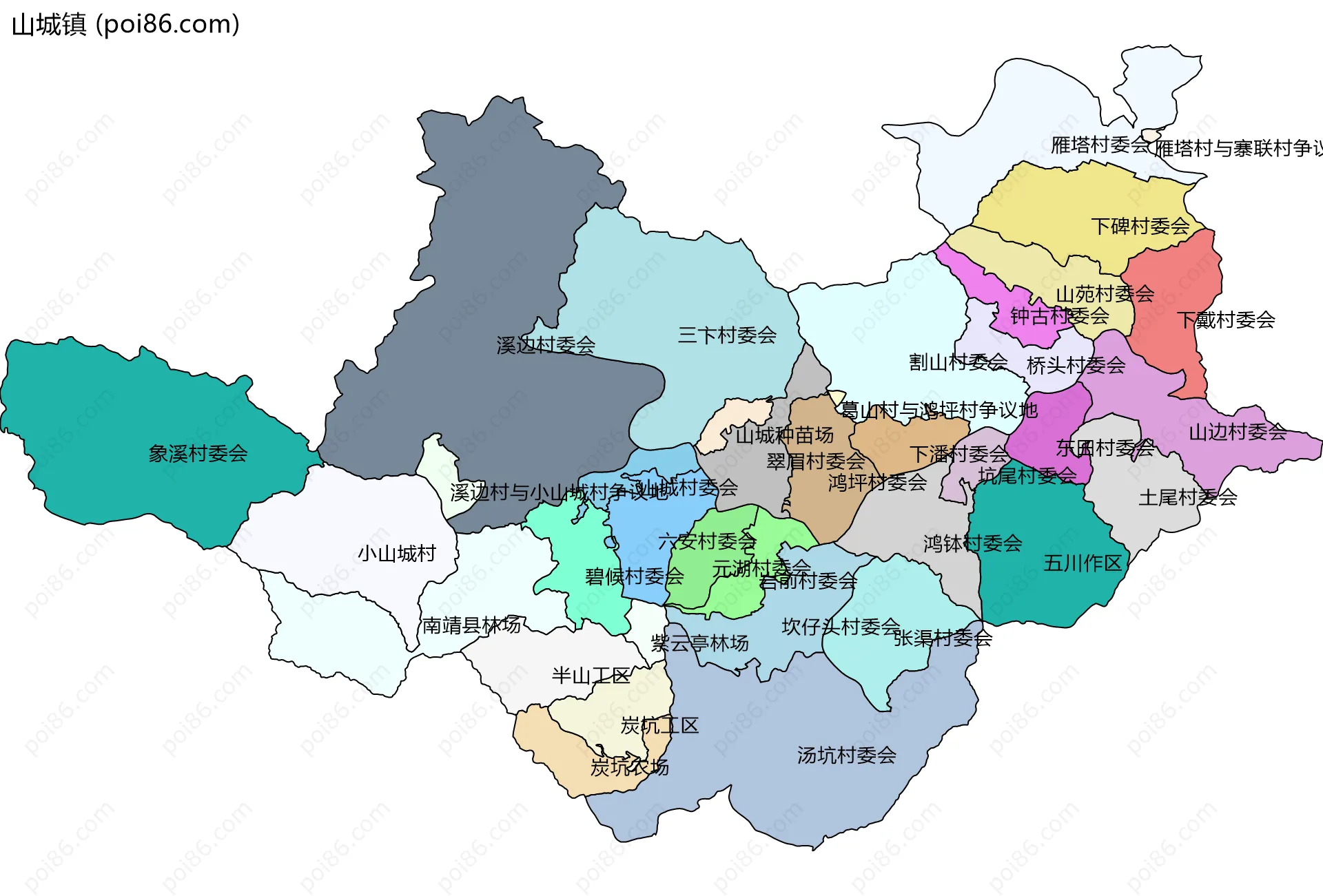 山城镇边界地图(五级行政区划)