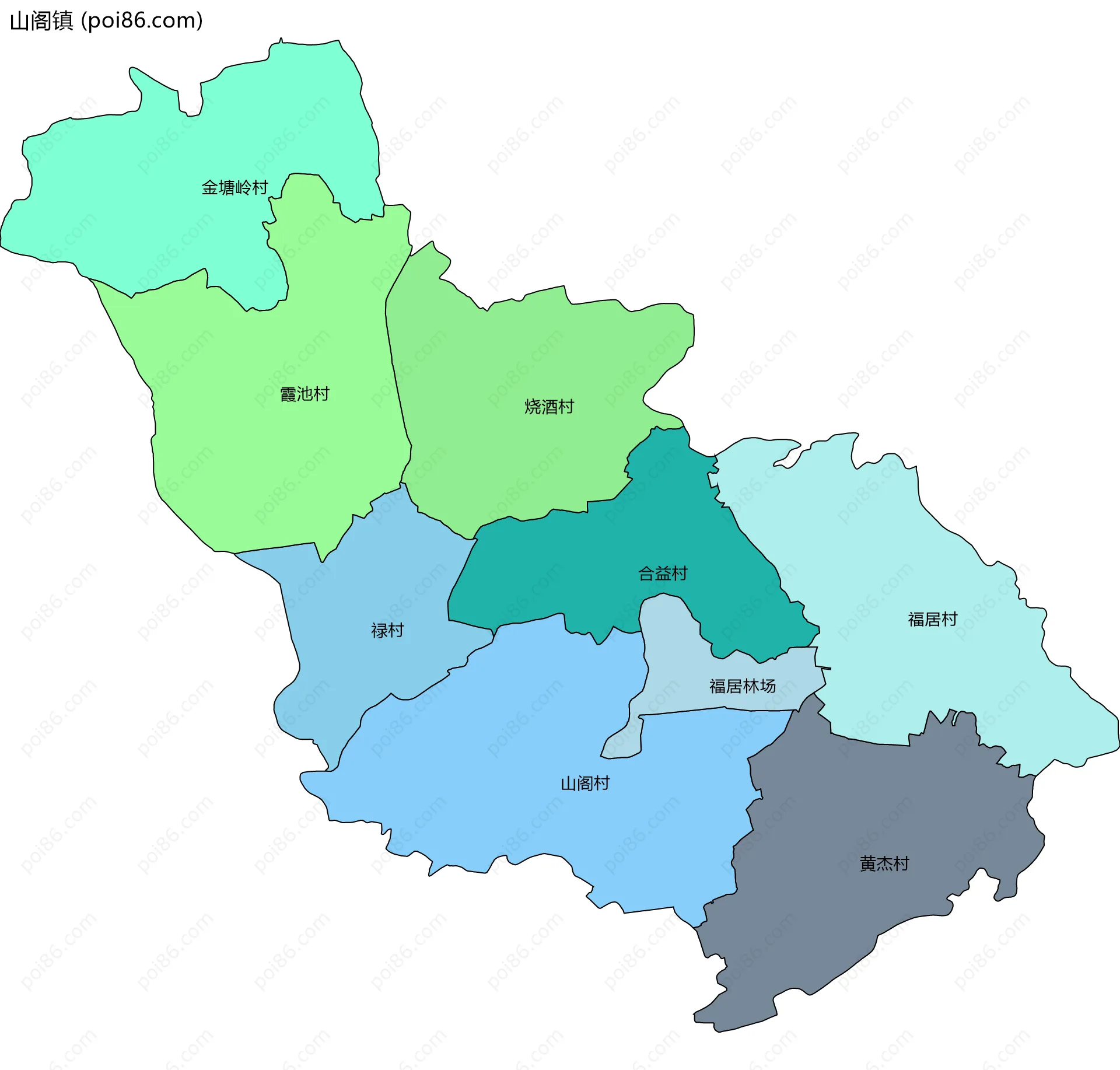 山阁镇边界地图(五级行政区划)