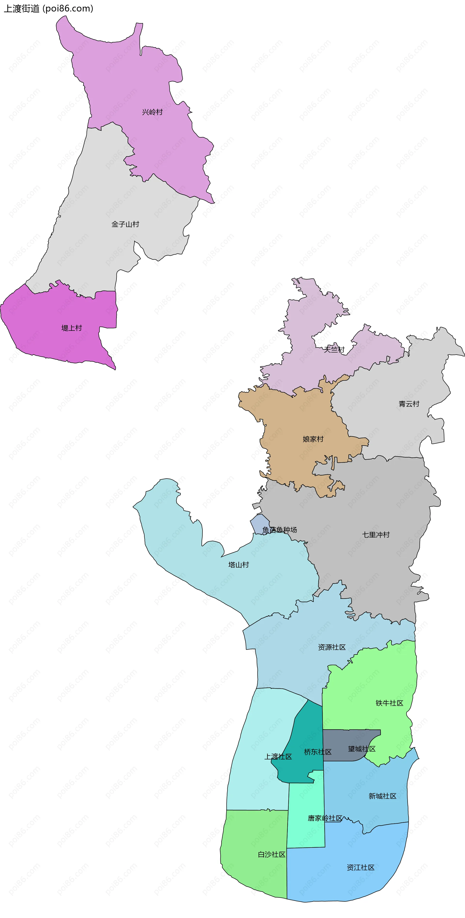 上渡街道边界地图(五级行政区划)