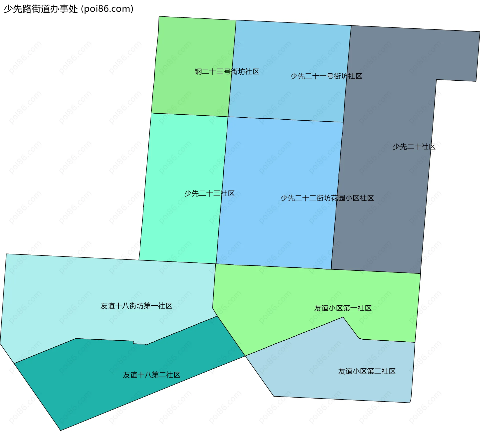少先路街道办事处边界地图(五级行政区划)