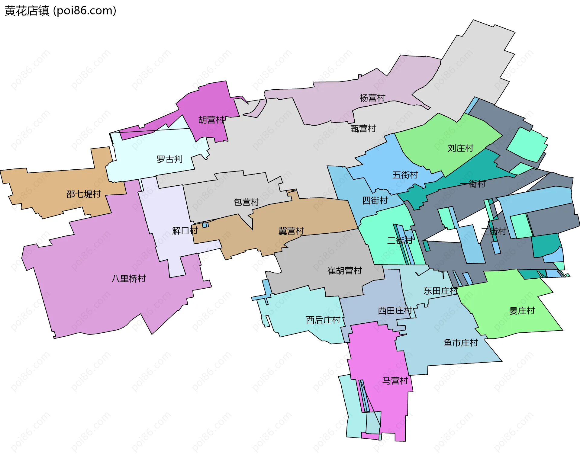 黄花店镇边界地图(五级行政区划)