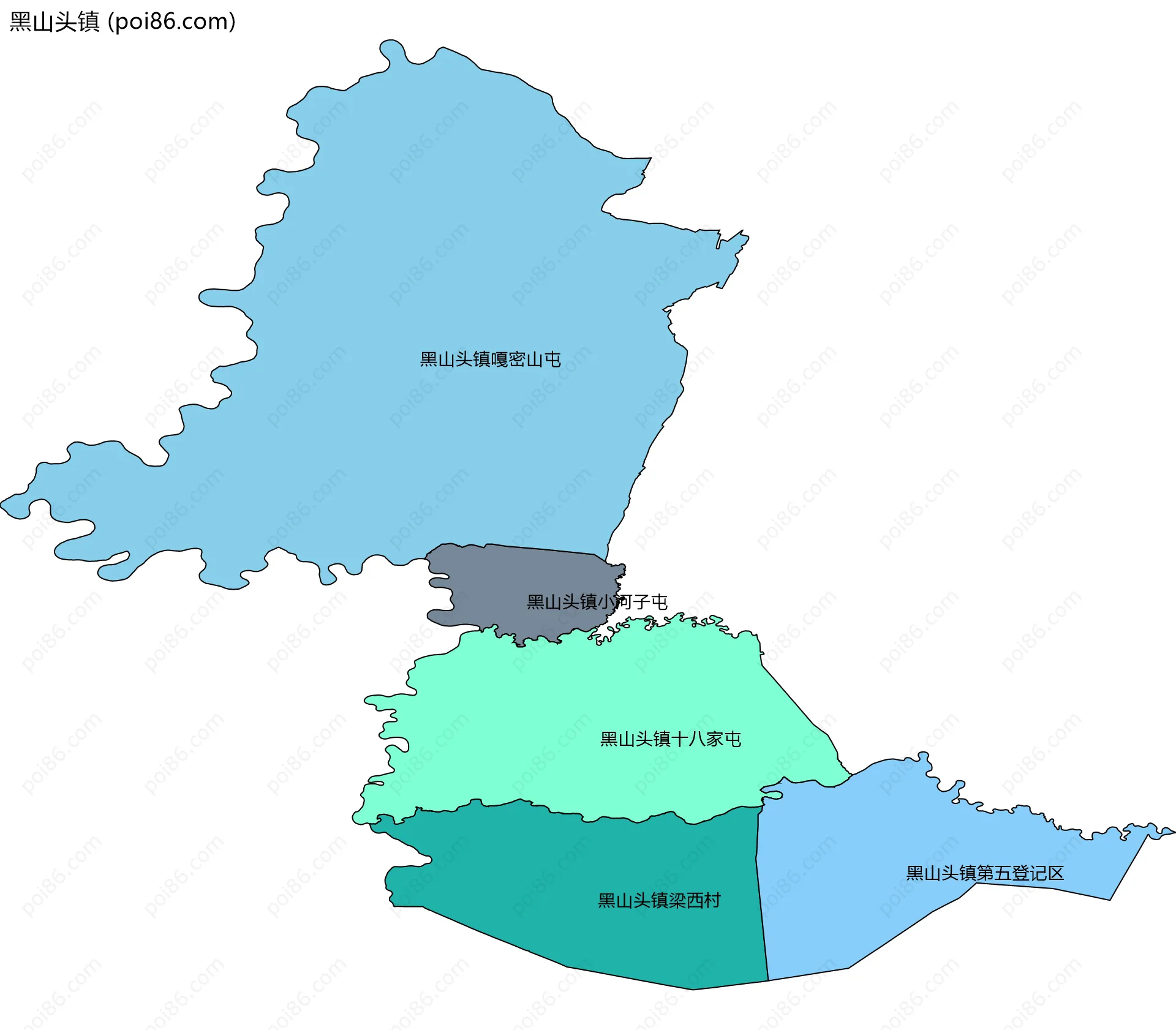 黑山头镇边界地图(五级行政区划)