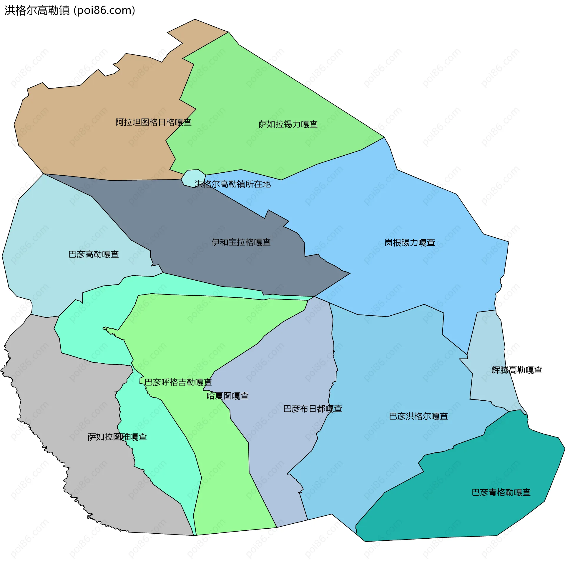 洪格尔高勒镇边界地图(五级行政区划)