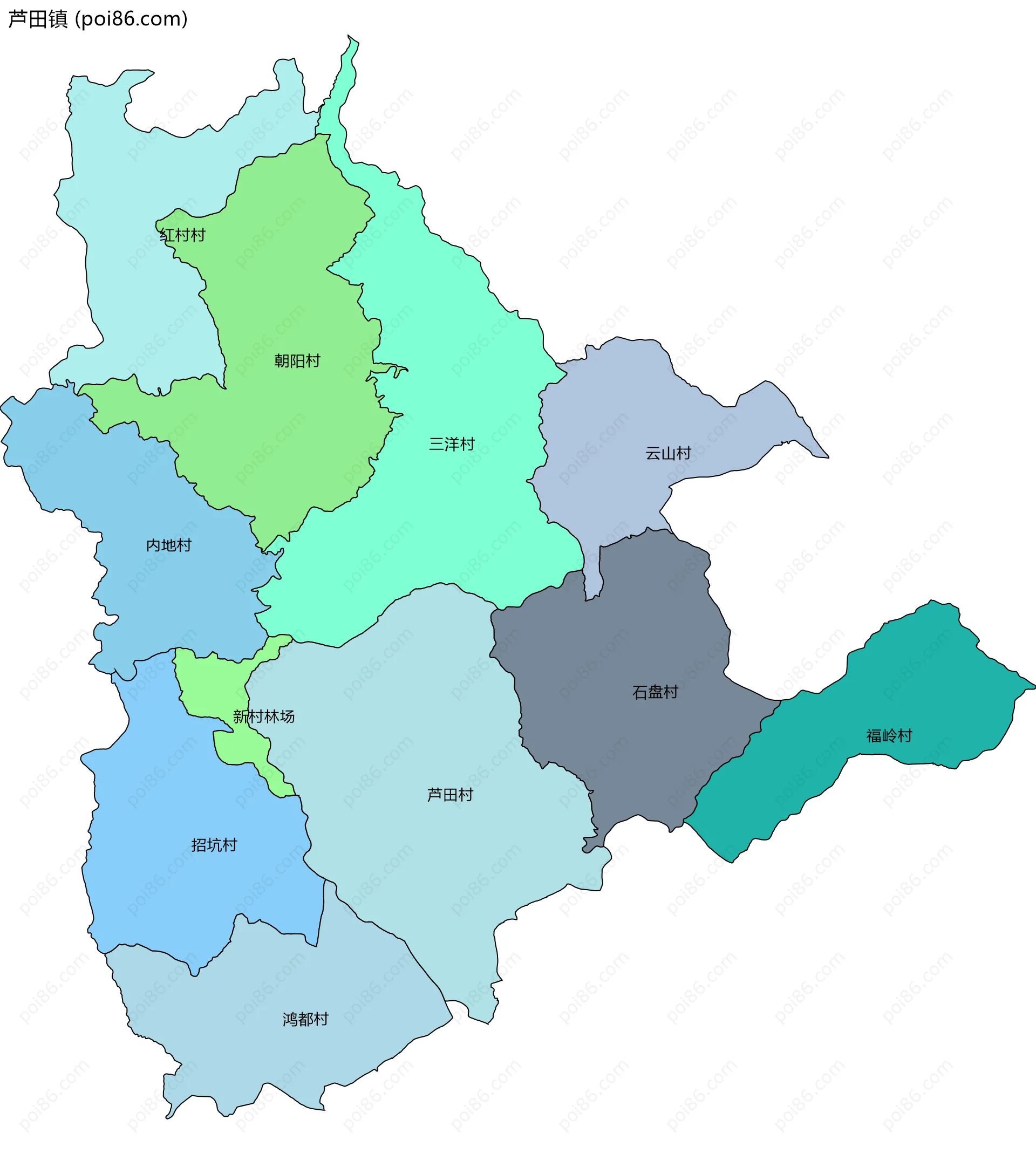 芦田镇边界地图(五级行政区划)