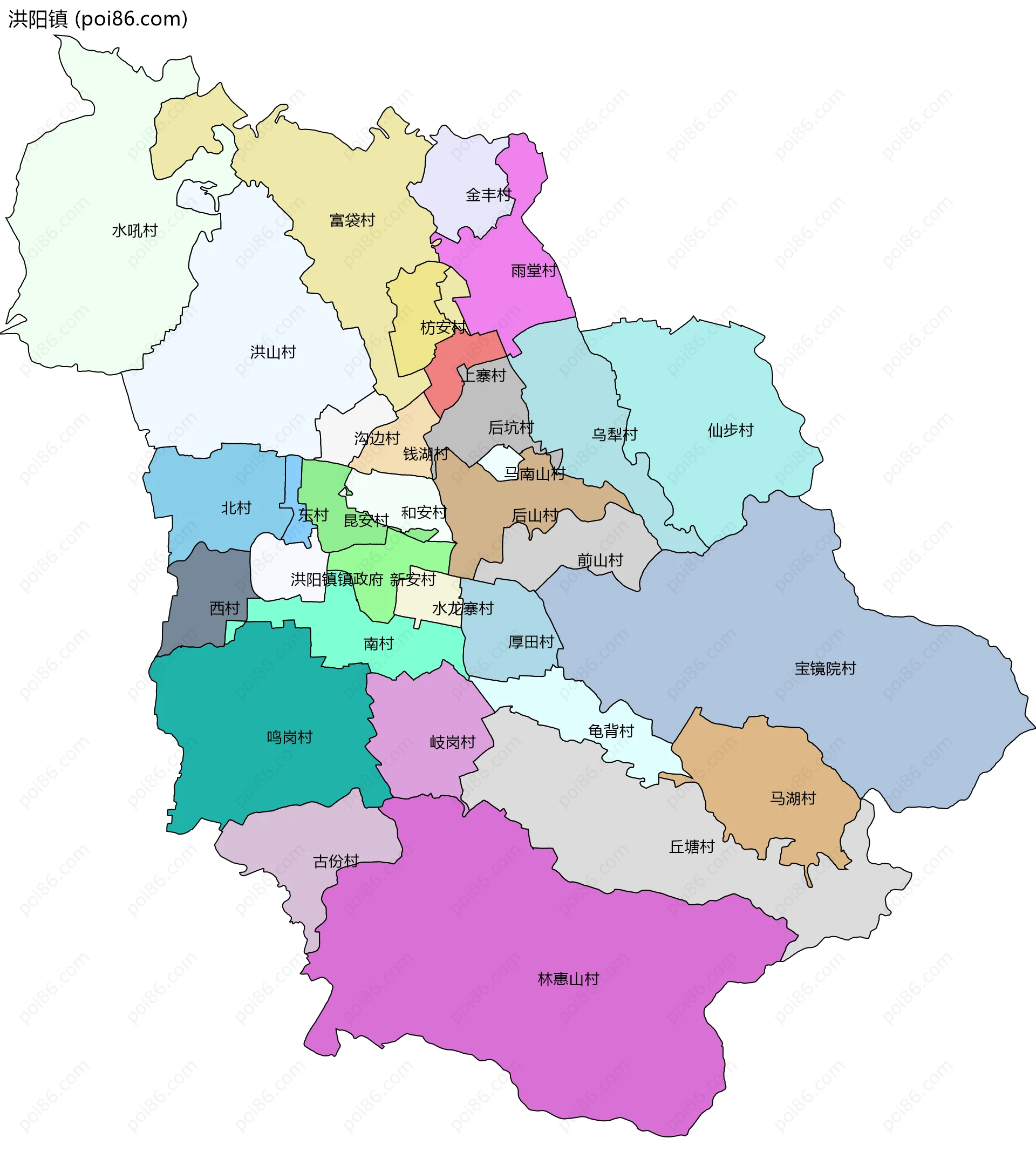 洪阳镇边界地图(五级行政区划)