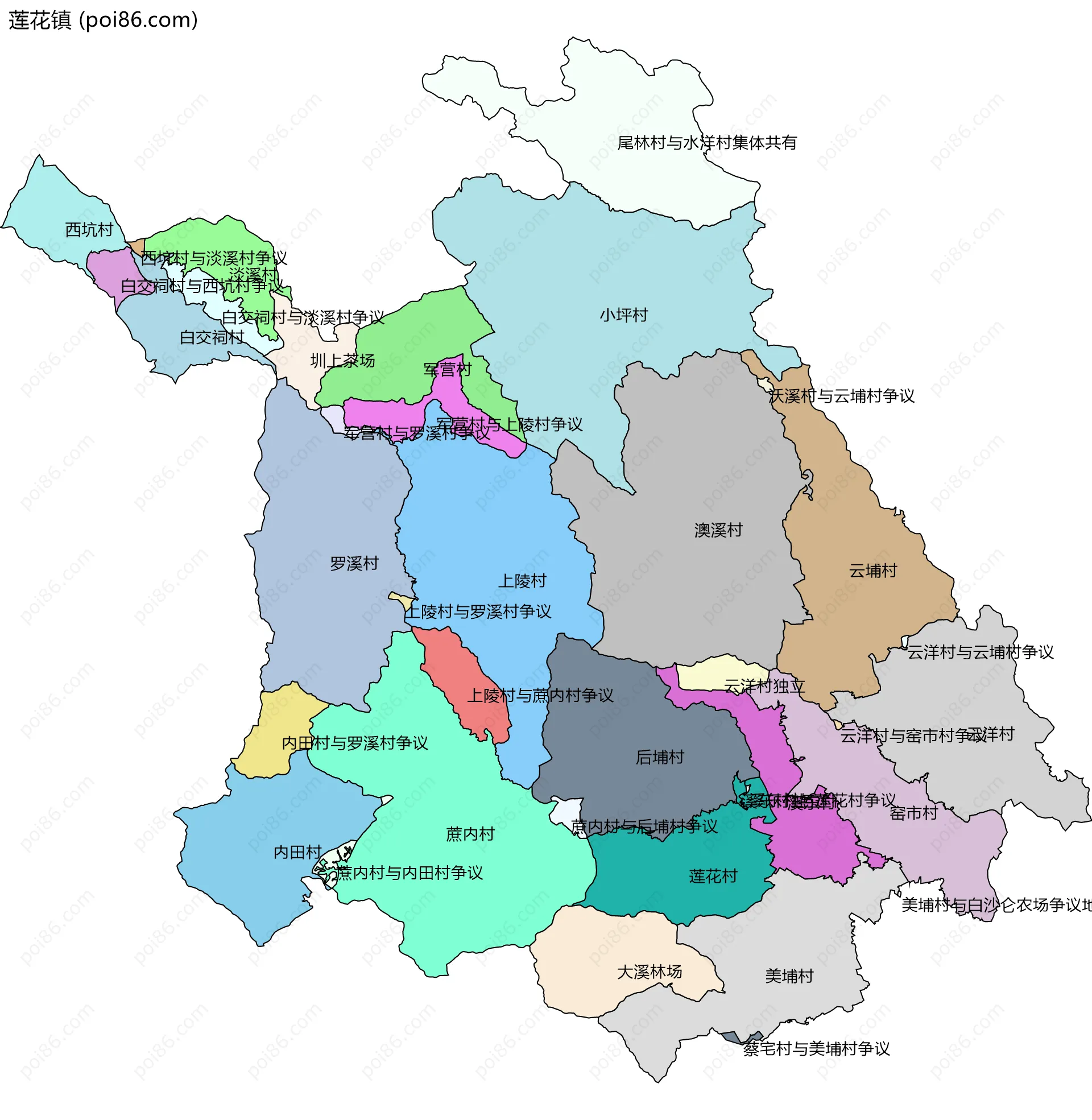 莲花镇边界地图(五级行政区划)