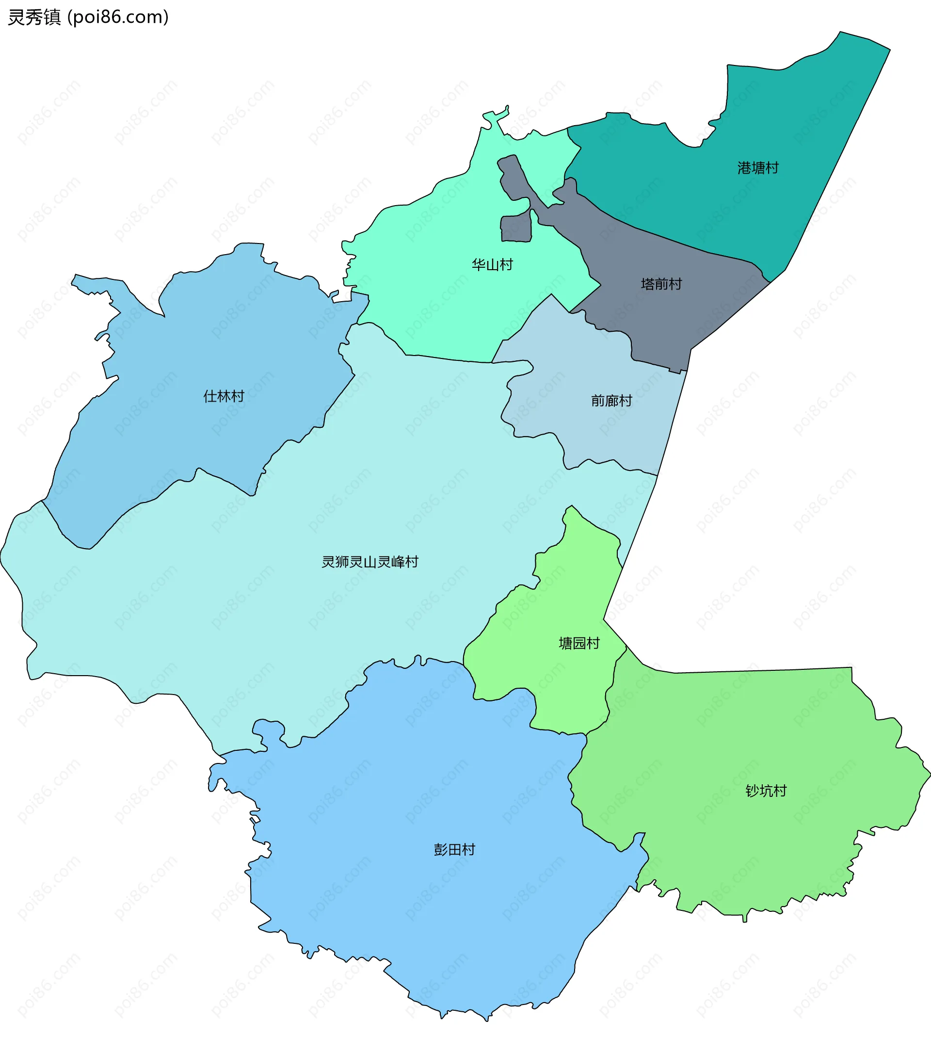 灵秀镇边界地图(五级行政区划)