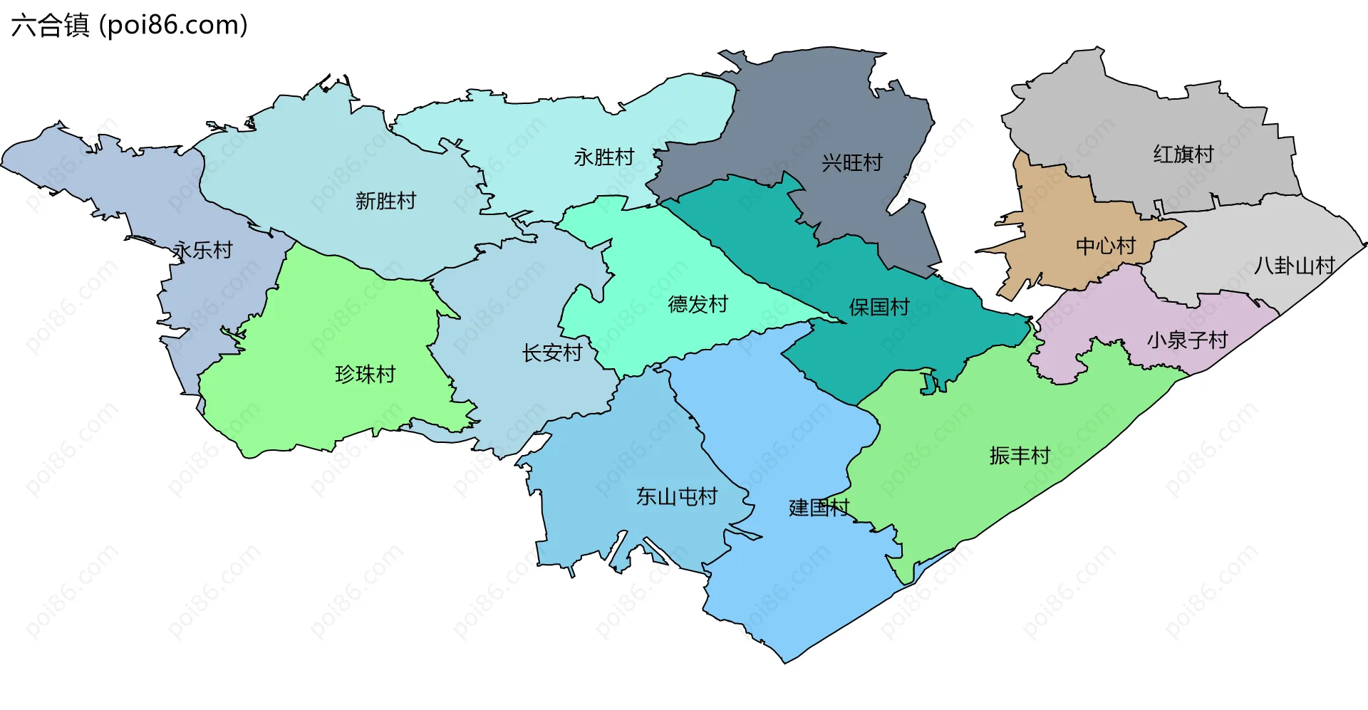 六合镇边界地图(五级行政区划)