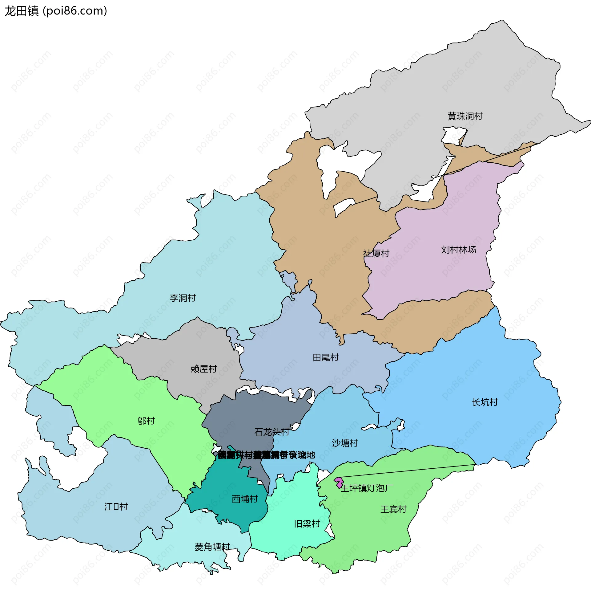 龙田镇边界地图(五级行政区划)