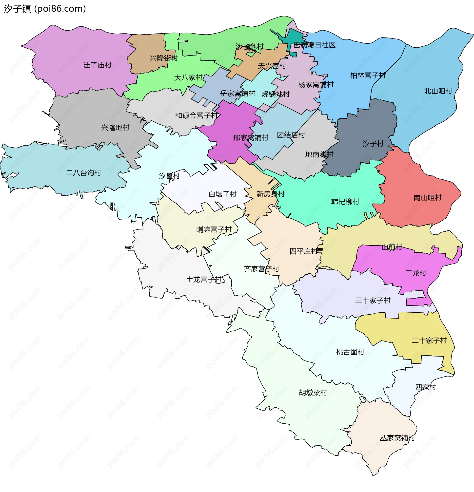 汐子镇边界地图(五级行政区划)