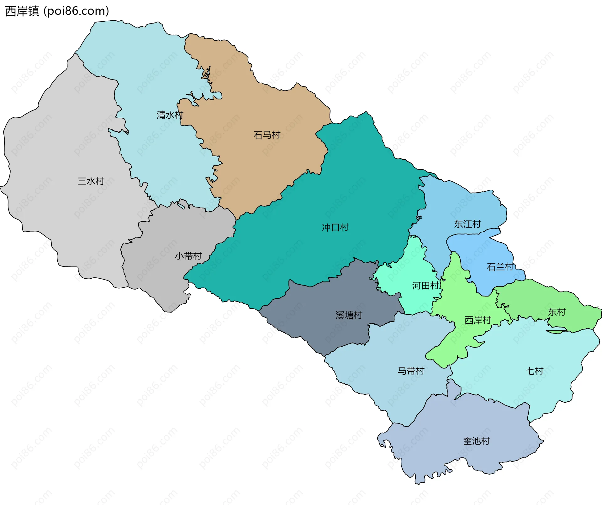 西岸镇边界地图(五级行政区划)