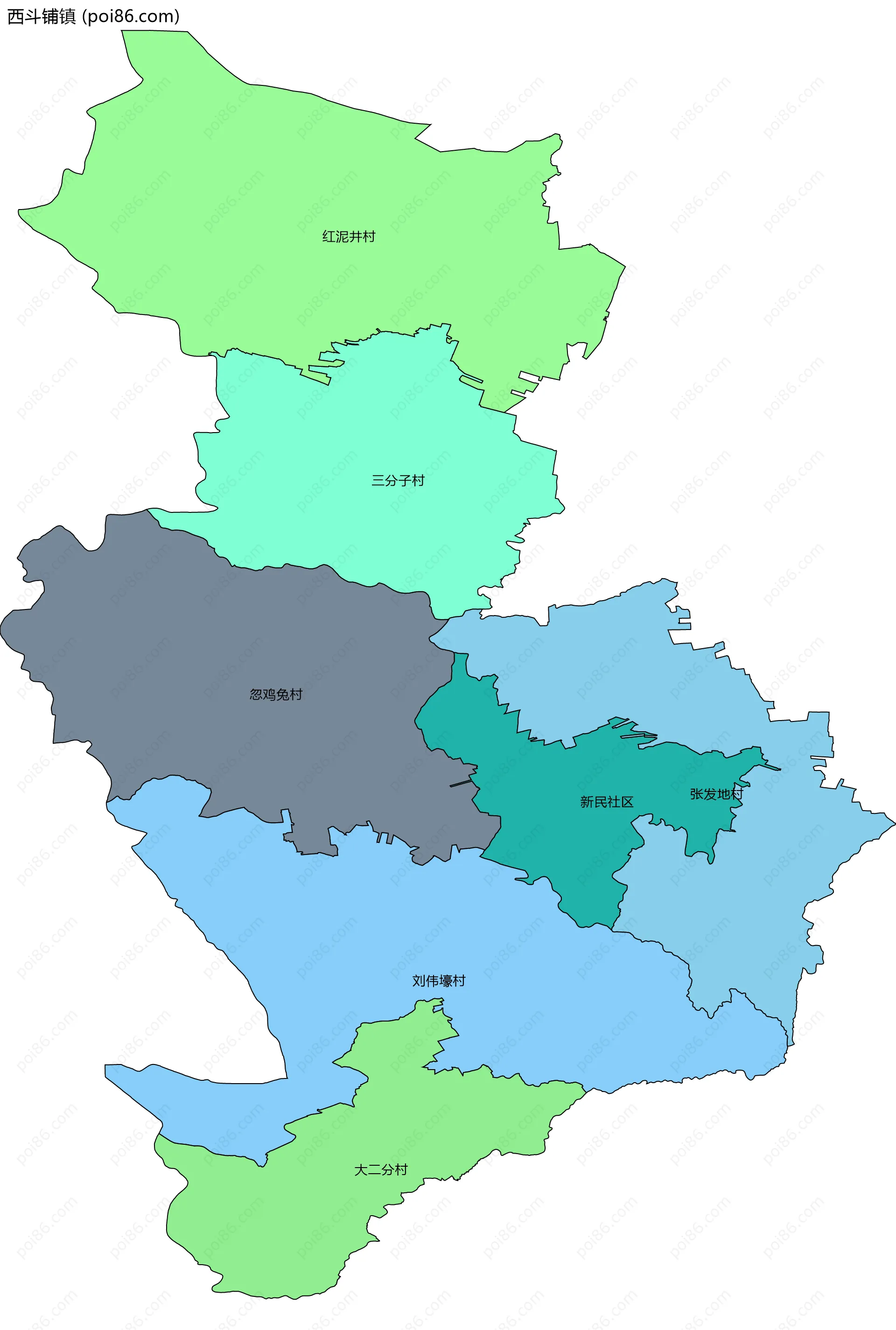 西斗铺镇边界地图(五级行政区划)