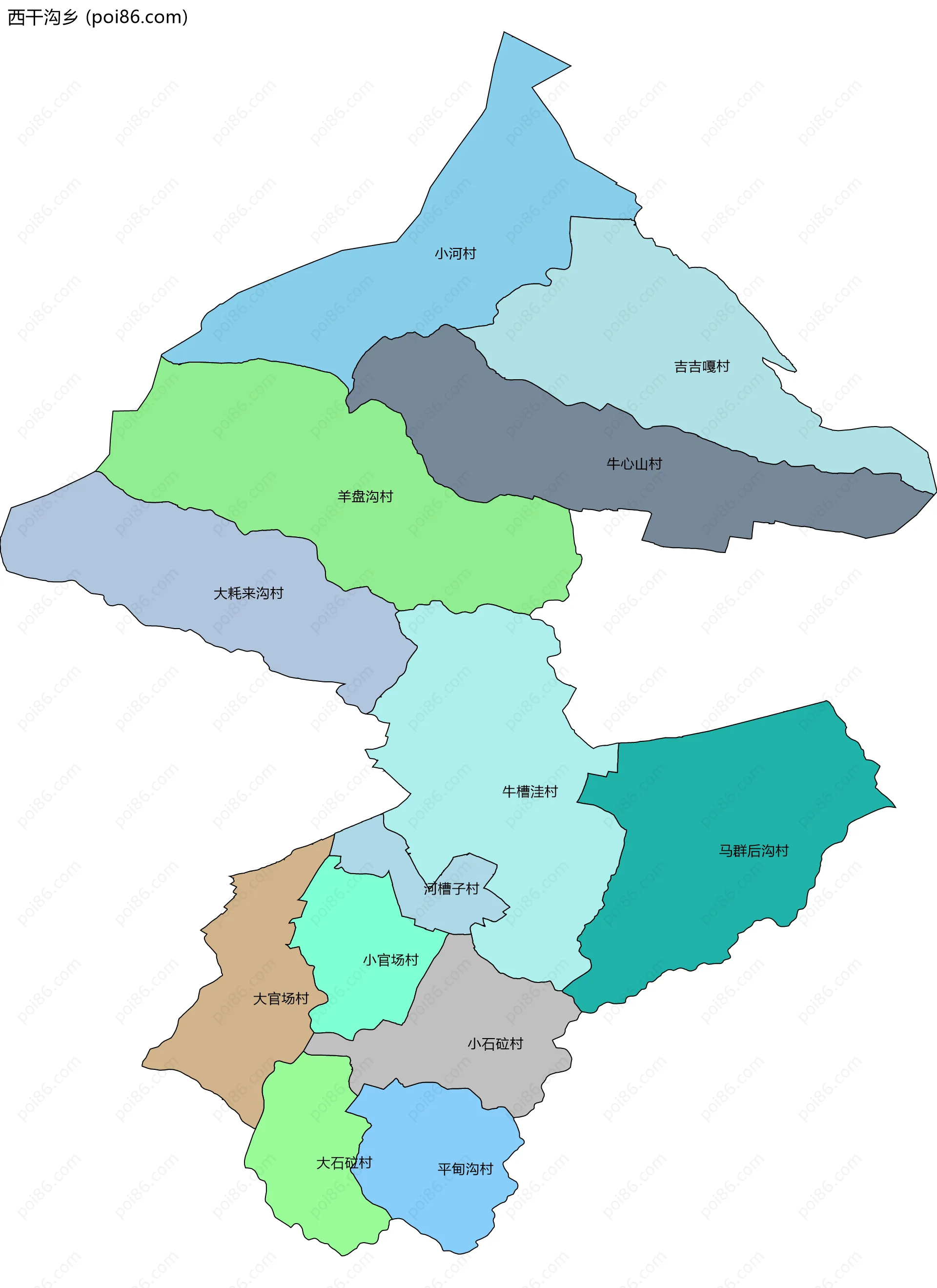西干沟乡边界地图(五级行政区划)