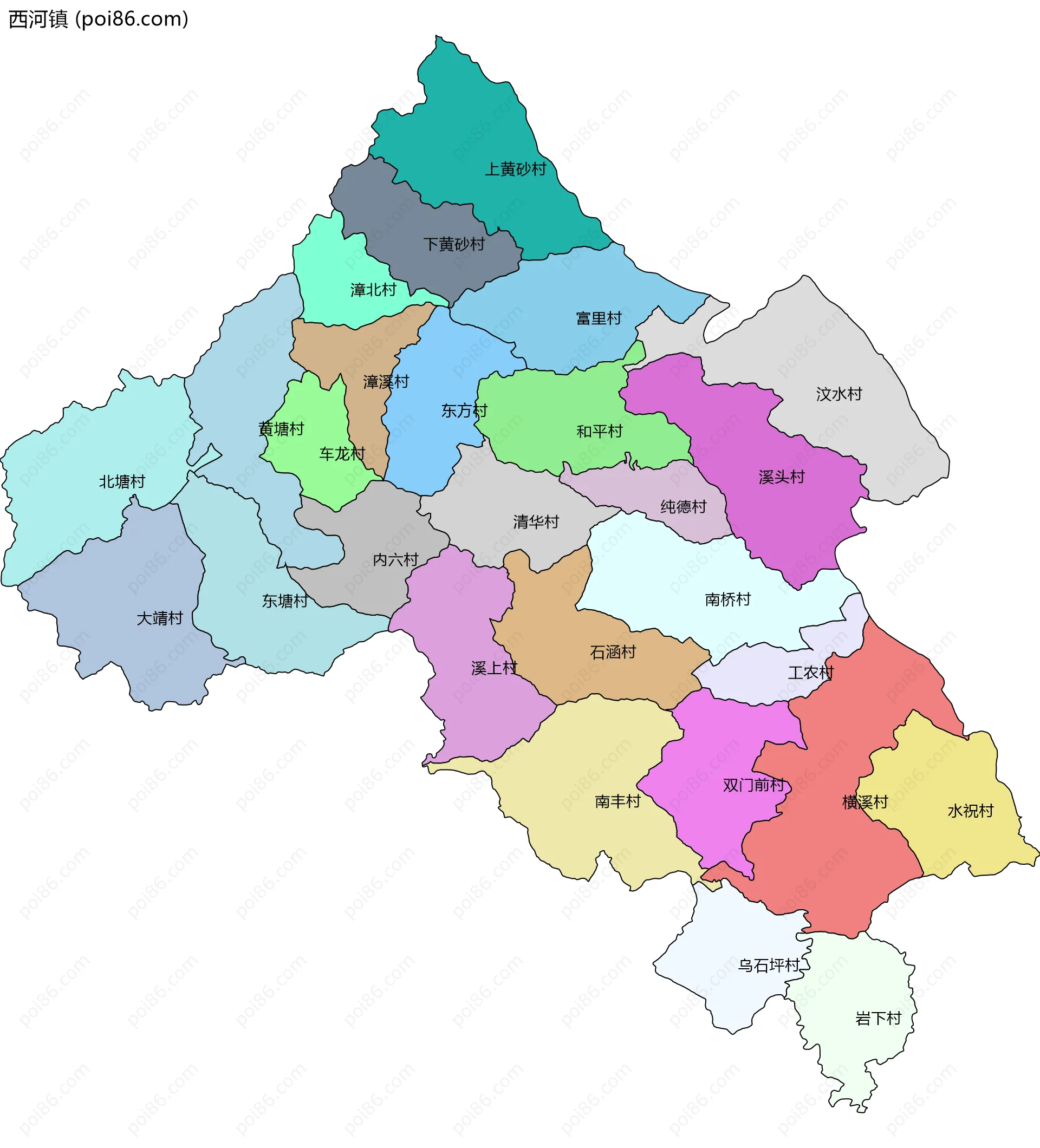 西河镇边界地图(五级行政区划)