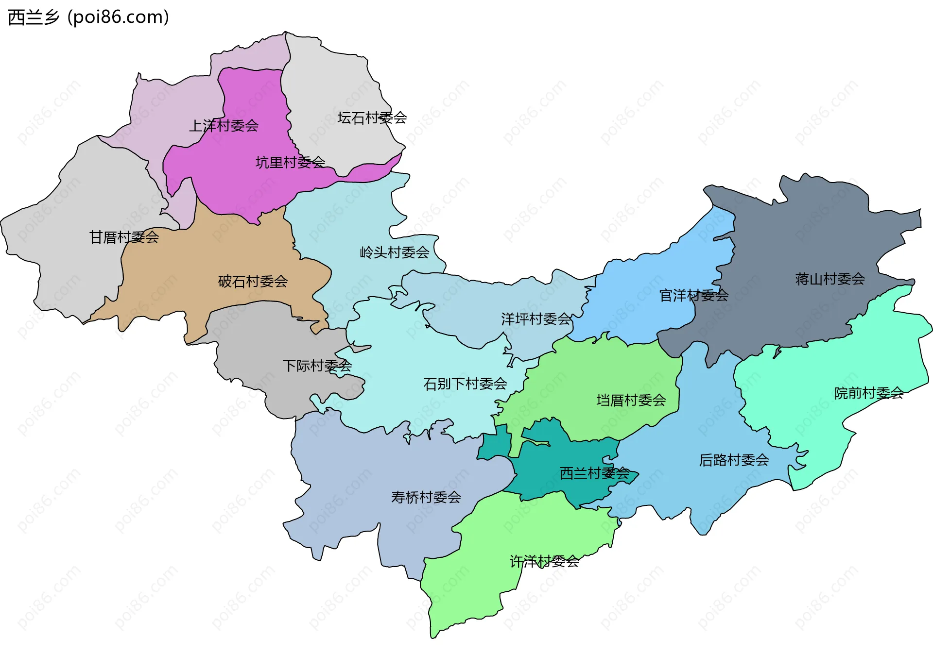西兰乡边界地图(五级行政区划)