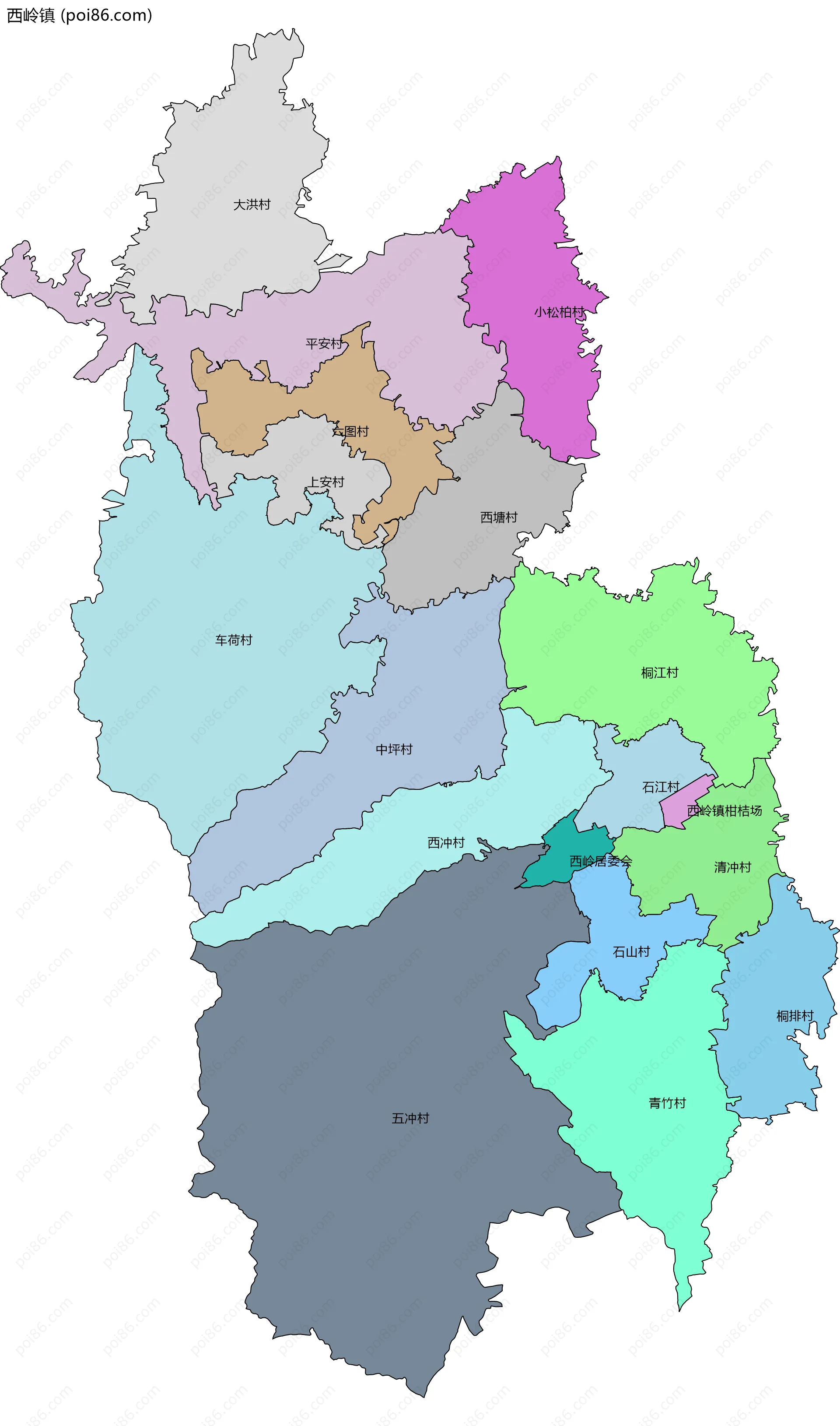 西岭镇边界地图(五级行政区划)