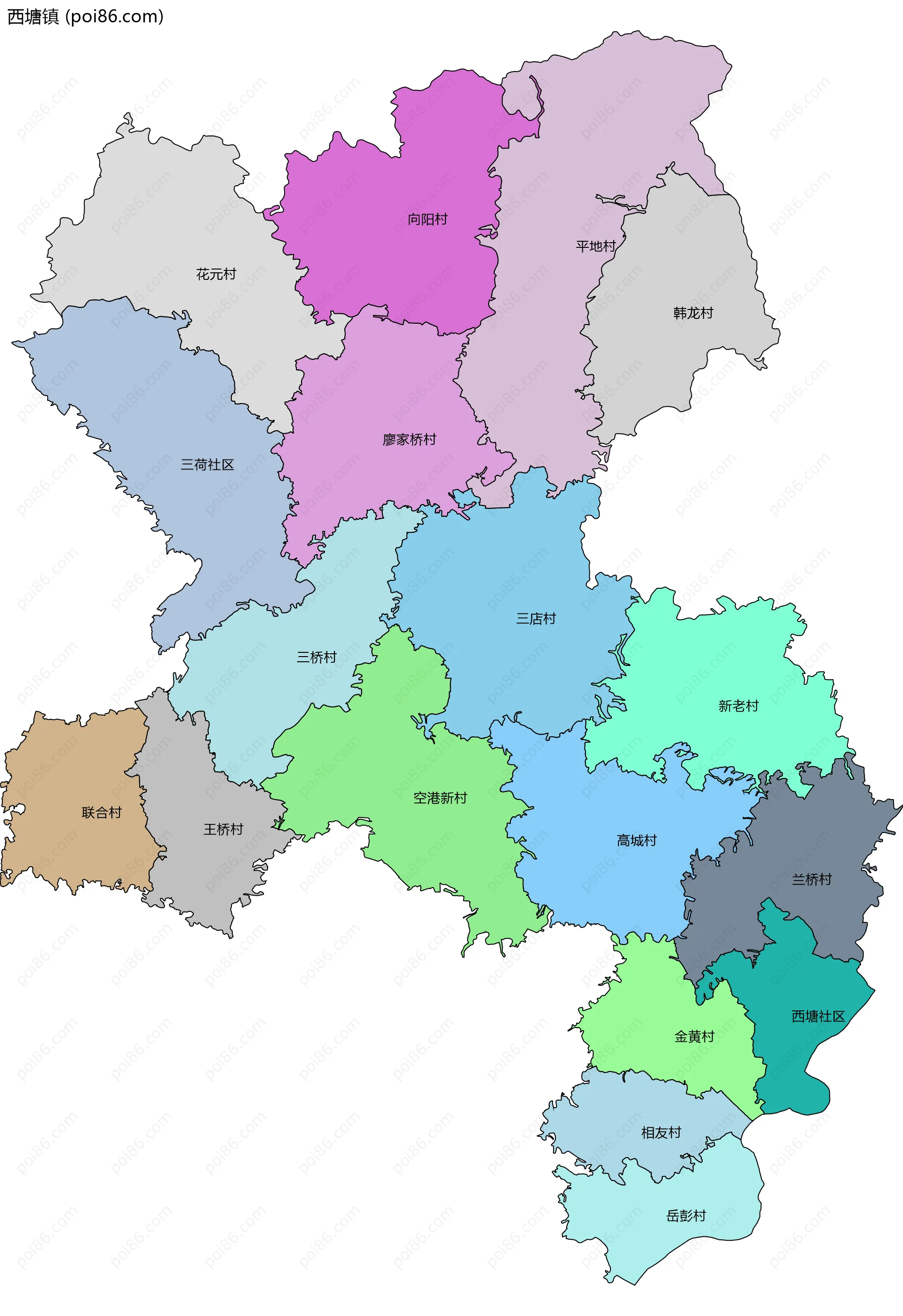 西塘镇边界地图(五级行政区划)