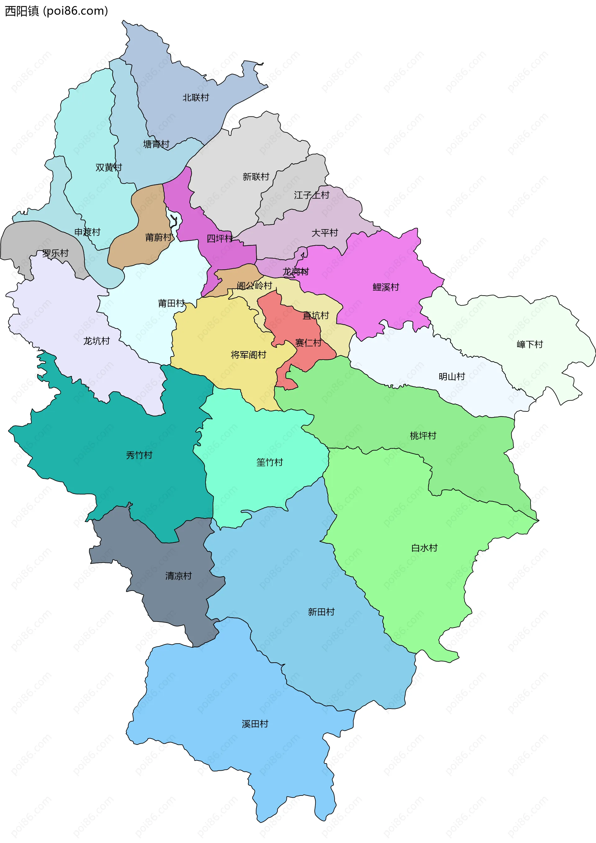 西阳镇边界地图(五级行政区划)