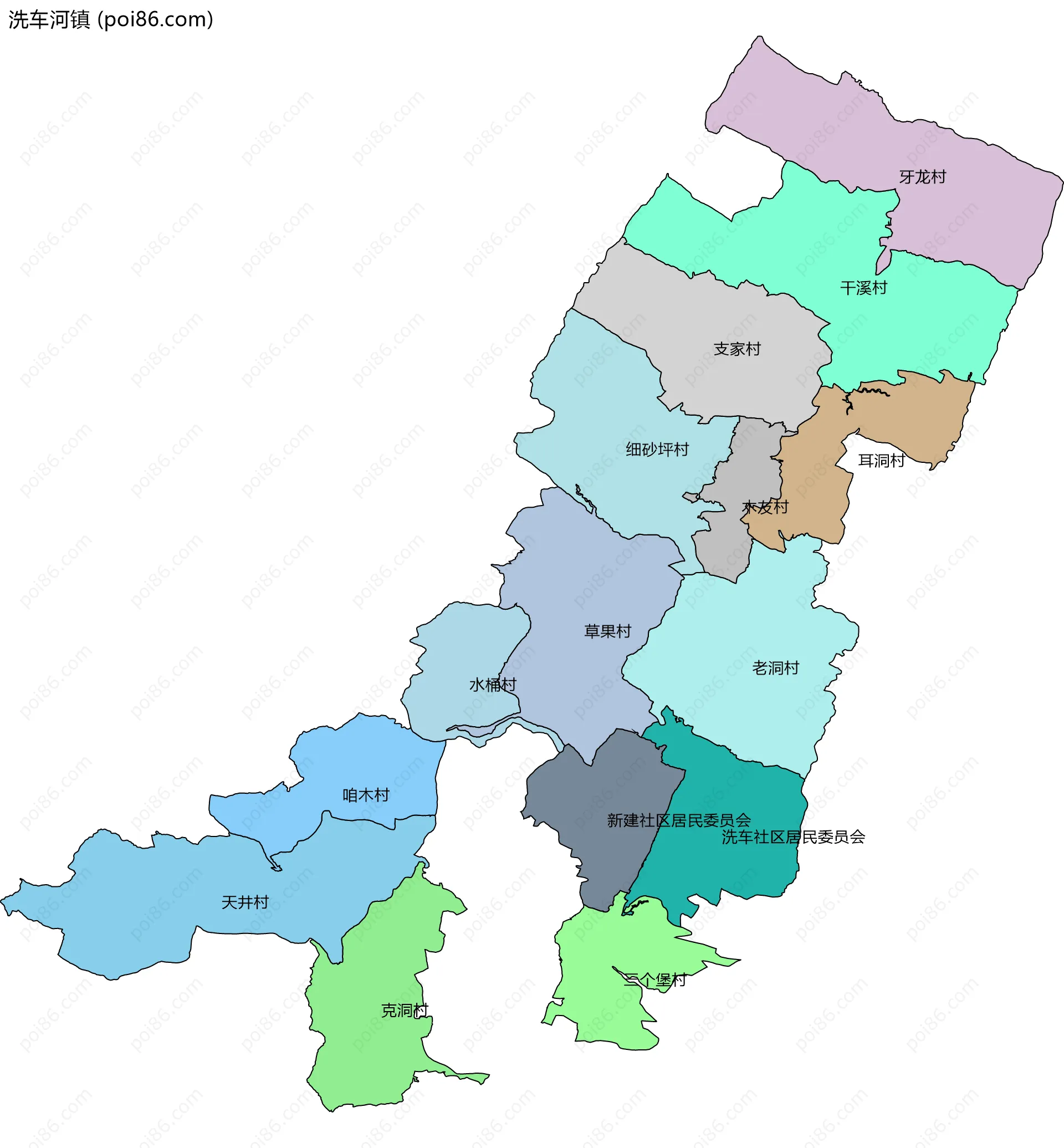 洗车河镇边界地图(五级行政区划)