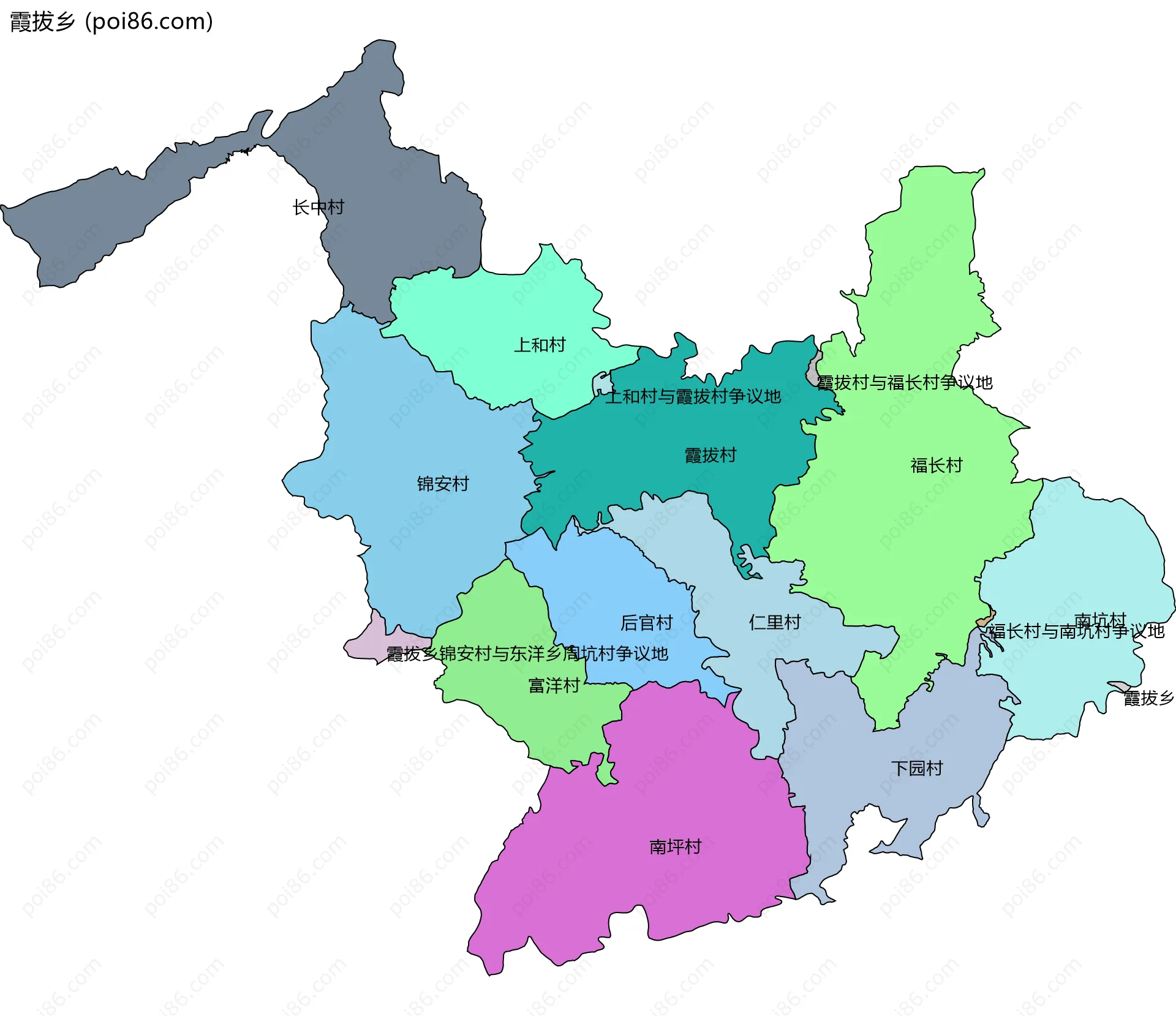 霞拔乡边界地图(五级行政区划)