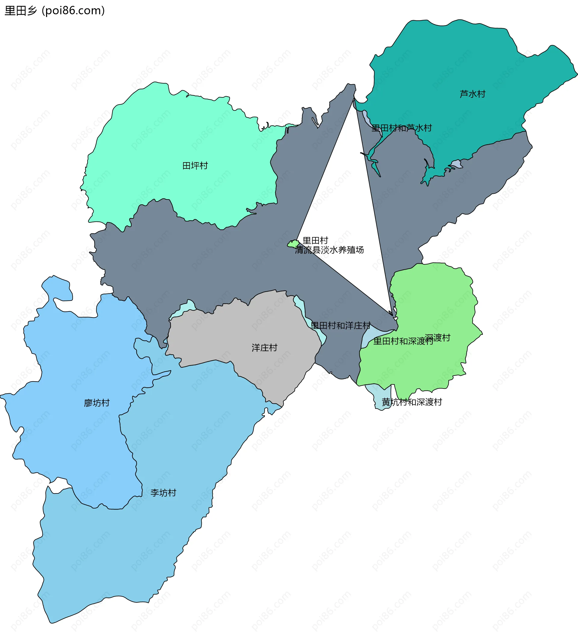 里田乡边界地图(五级行政区划)
