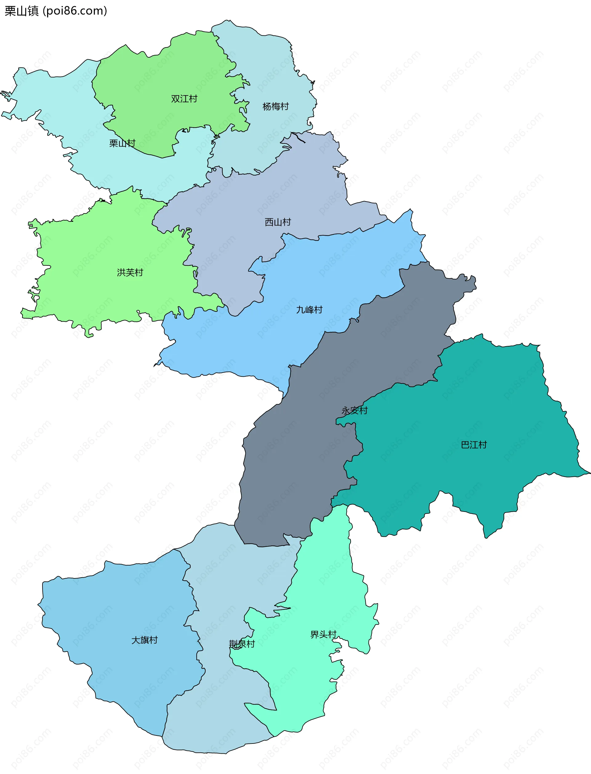 栗山镇边界地图(五级行政区划)