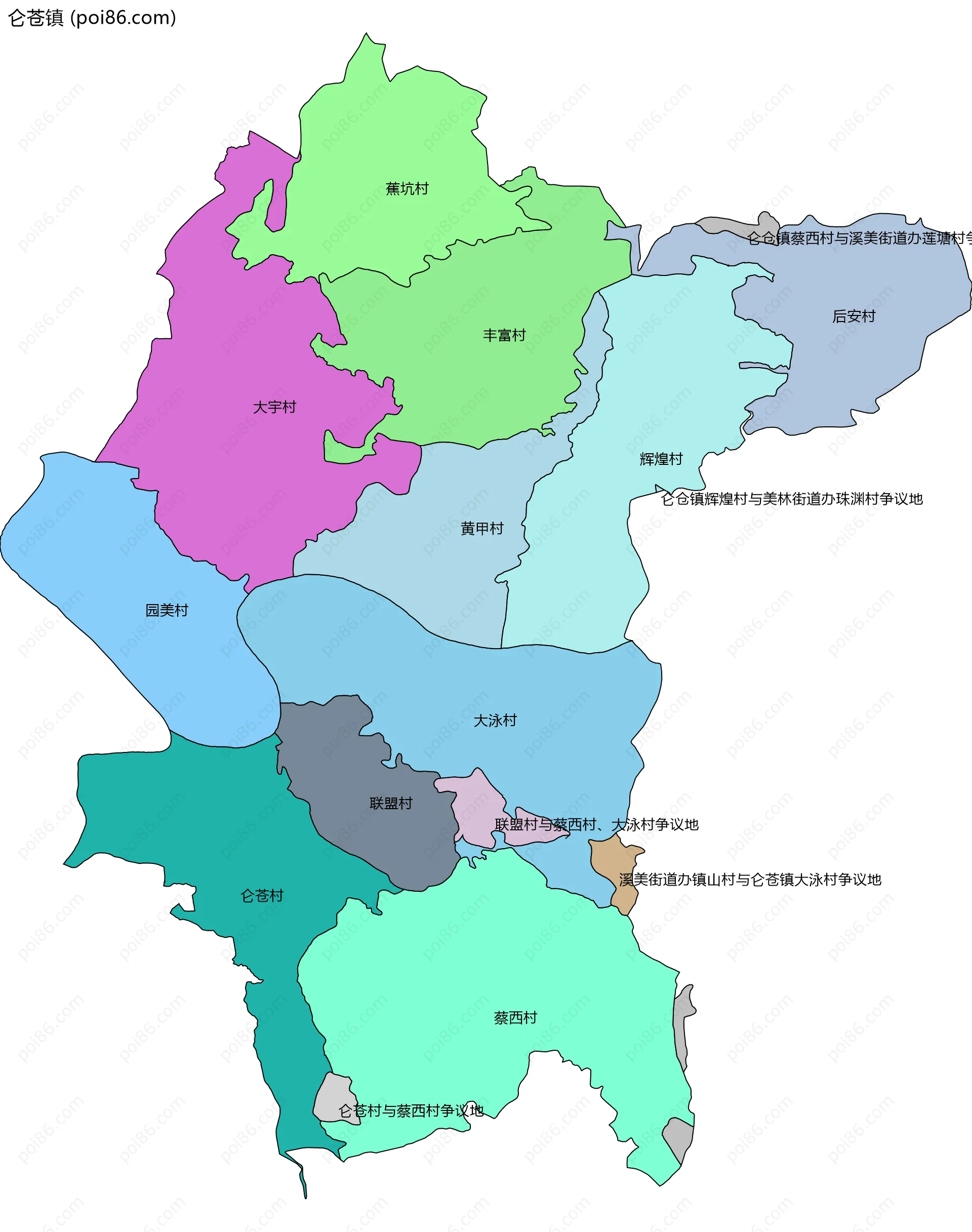 仑苍镇边界地图(五级行政区划)