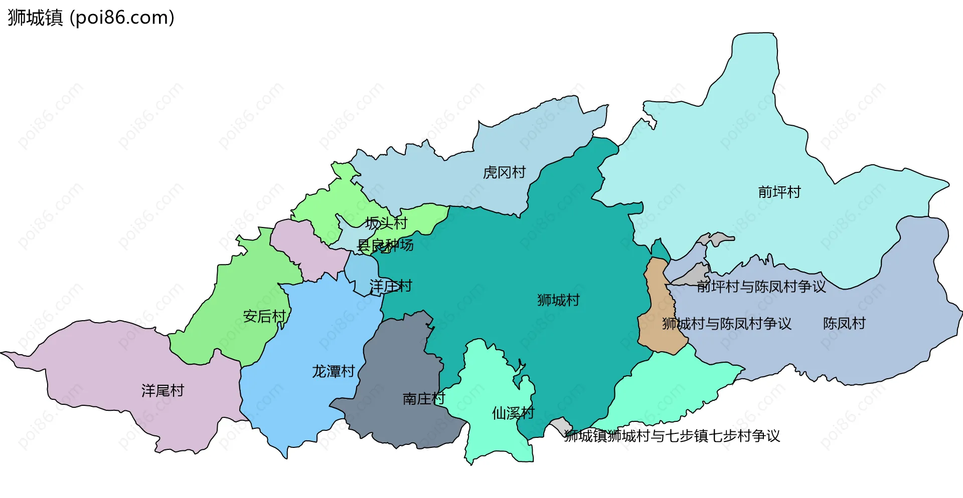 狮城镇边界地图(五级行政区划)