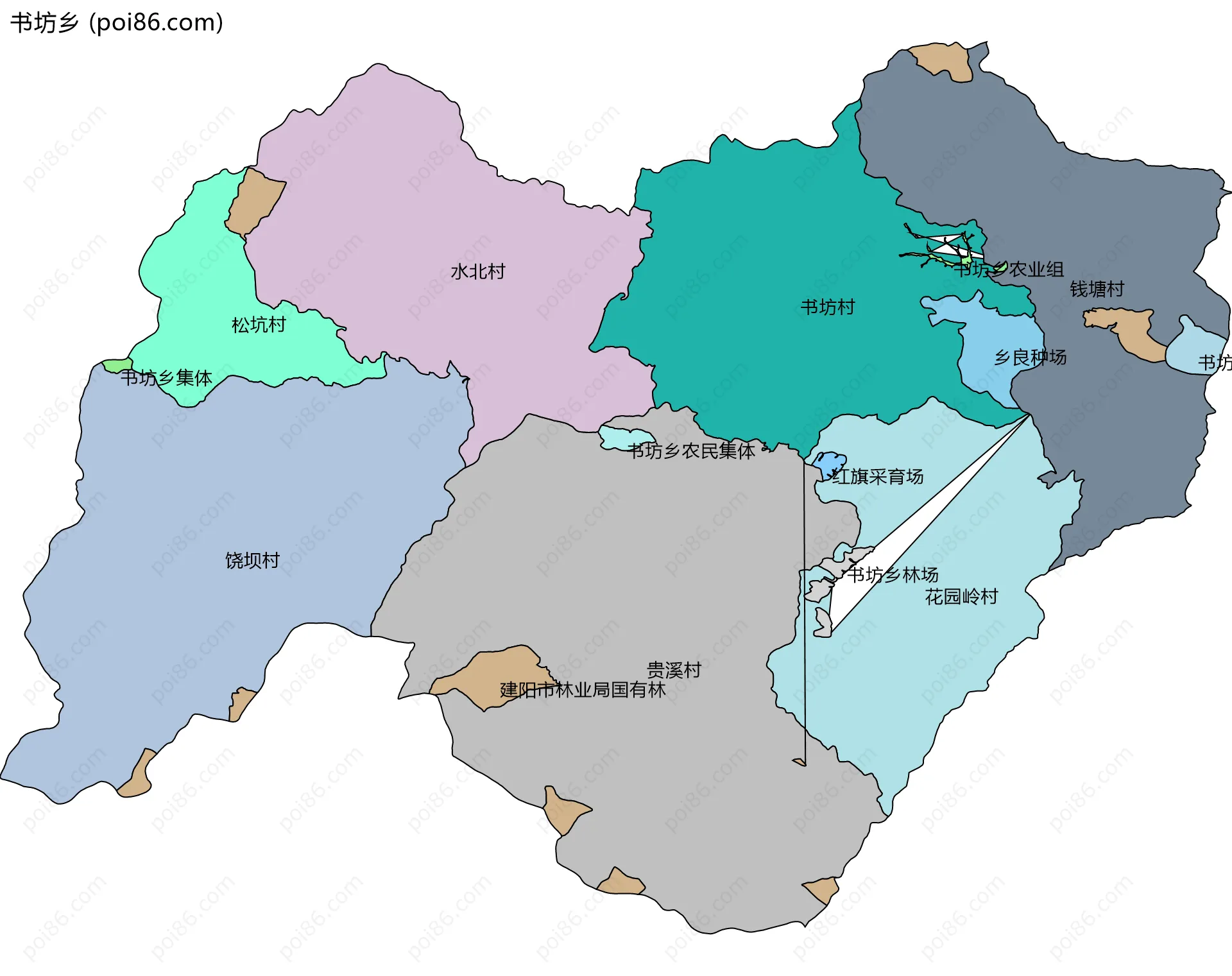 书坊乡边界地图(五级行政区划)